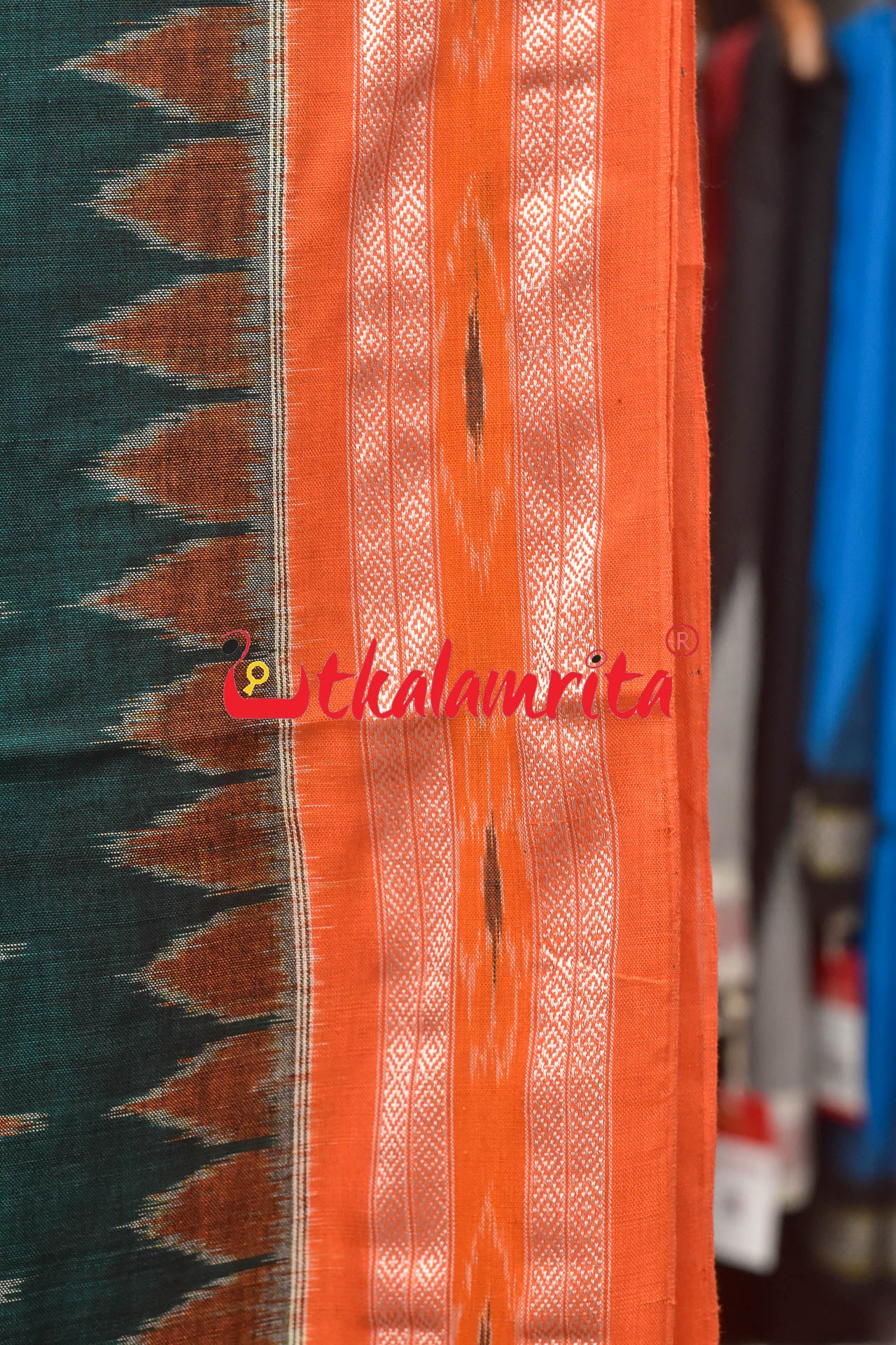 Dark Green Orange Kadha Khandua Cotton Saree