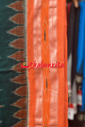 Dark Green Orange Kadha Khandua Cotton Saree