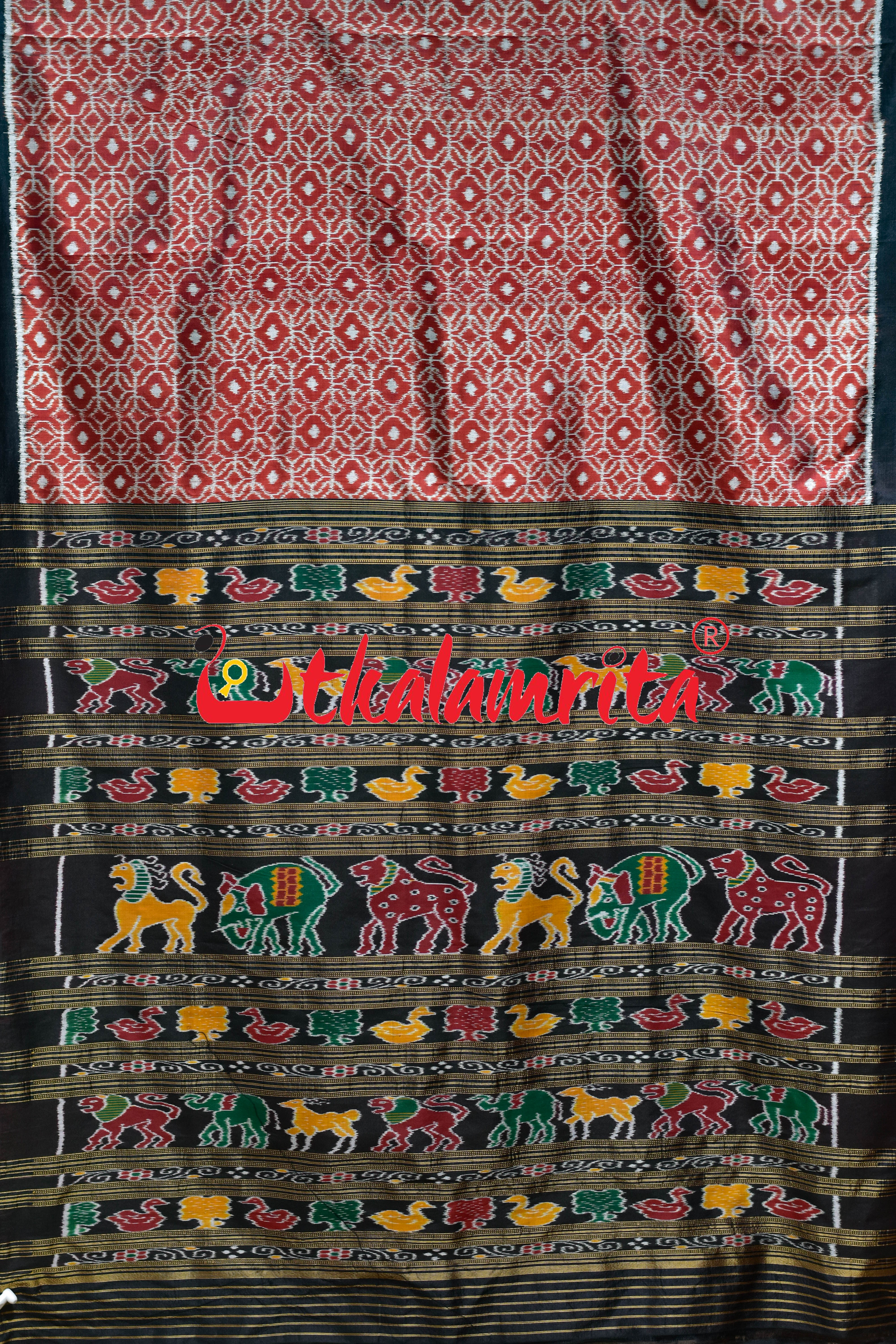 Rust Black Lining Dotted Khandua Silk Saree
