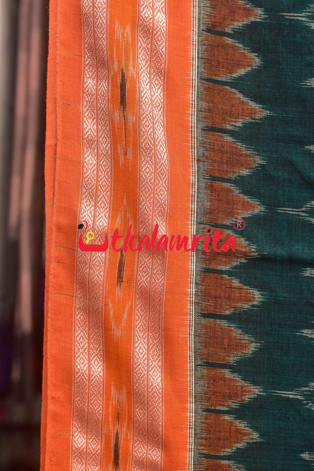 Dark Green Orange Kadha Khandua Cotton Saree