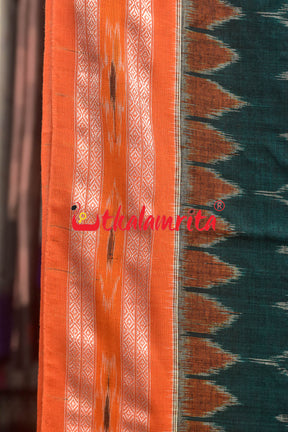 Dark Green Orange Kadha Khandua Cotton Saree