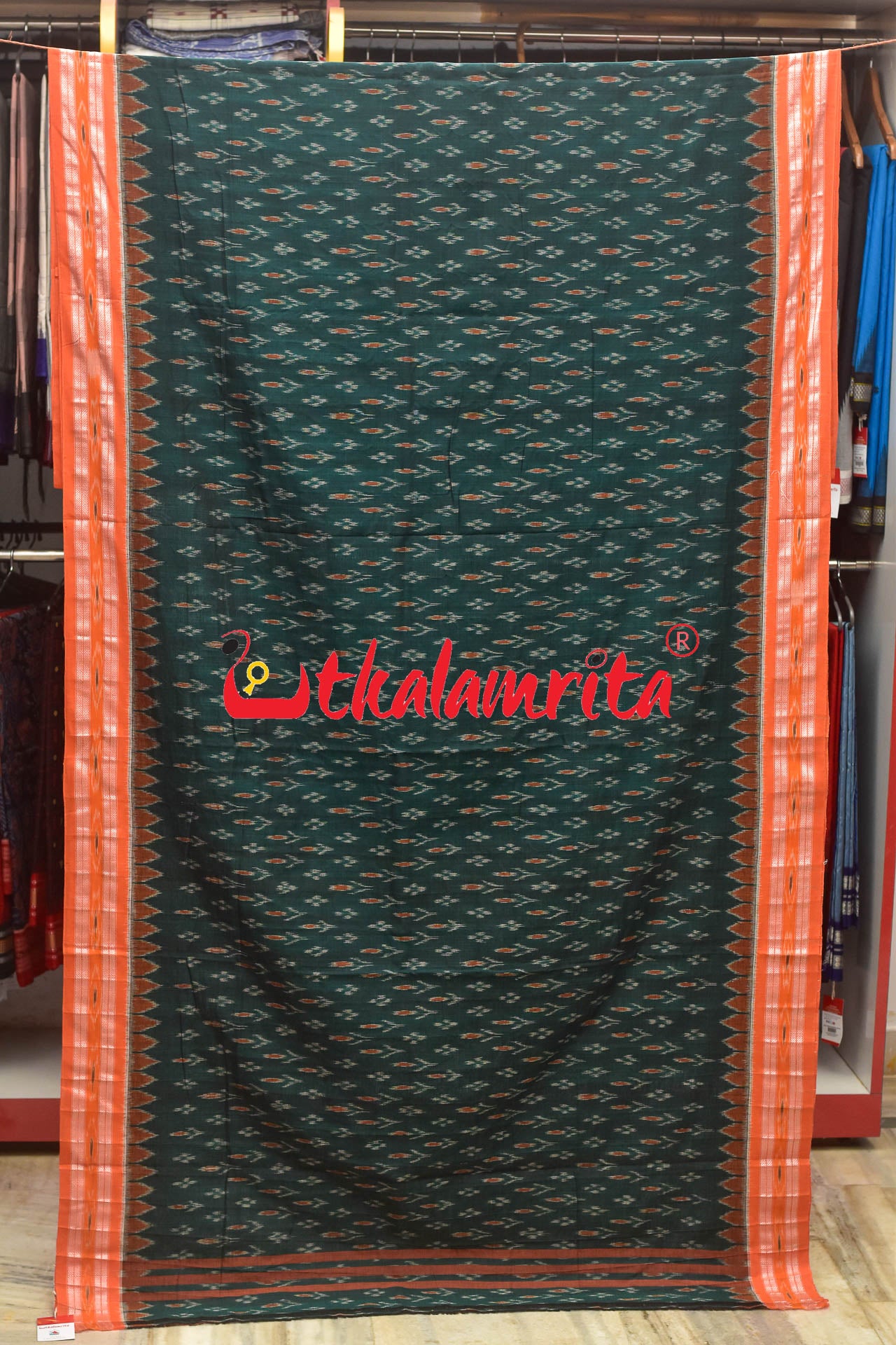 Dark Green Orange Kadha Khandua Cotton Saree