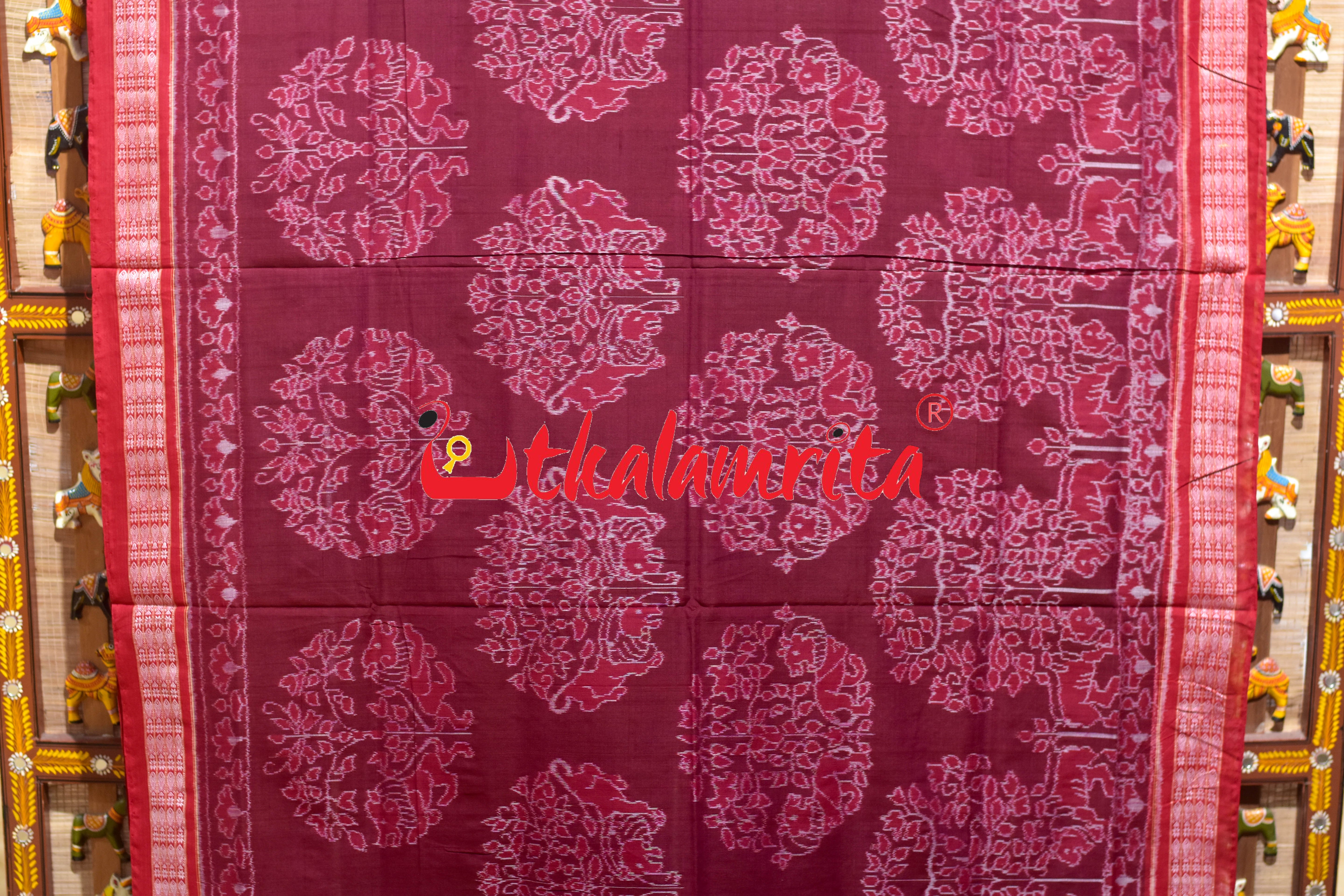 Maroon Red Tree of Life Sambalpuri Cotton Saree