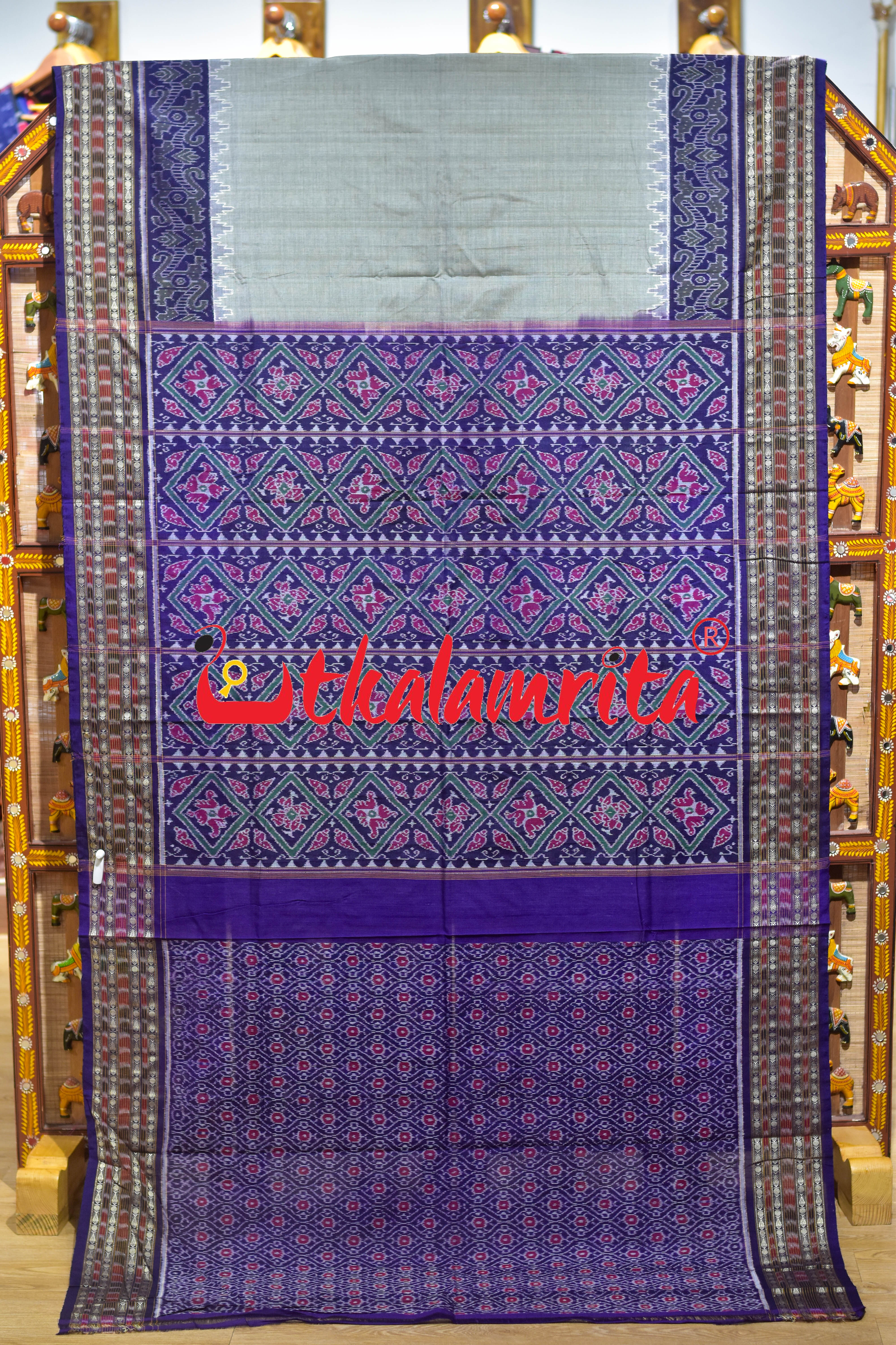 Grey Purple Scot Border Sambalpuri Cotton Saree