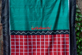 Emerald Green Red Chess Pallu Khandua Silk Saree