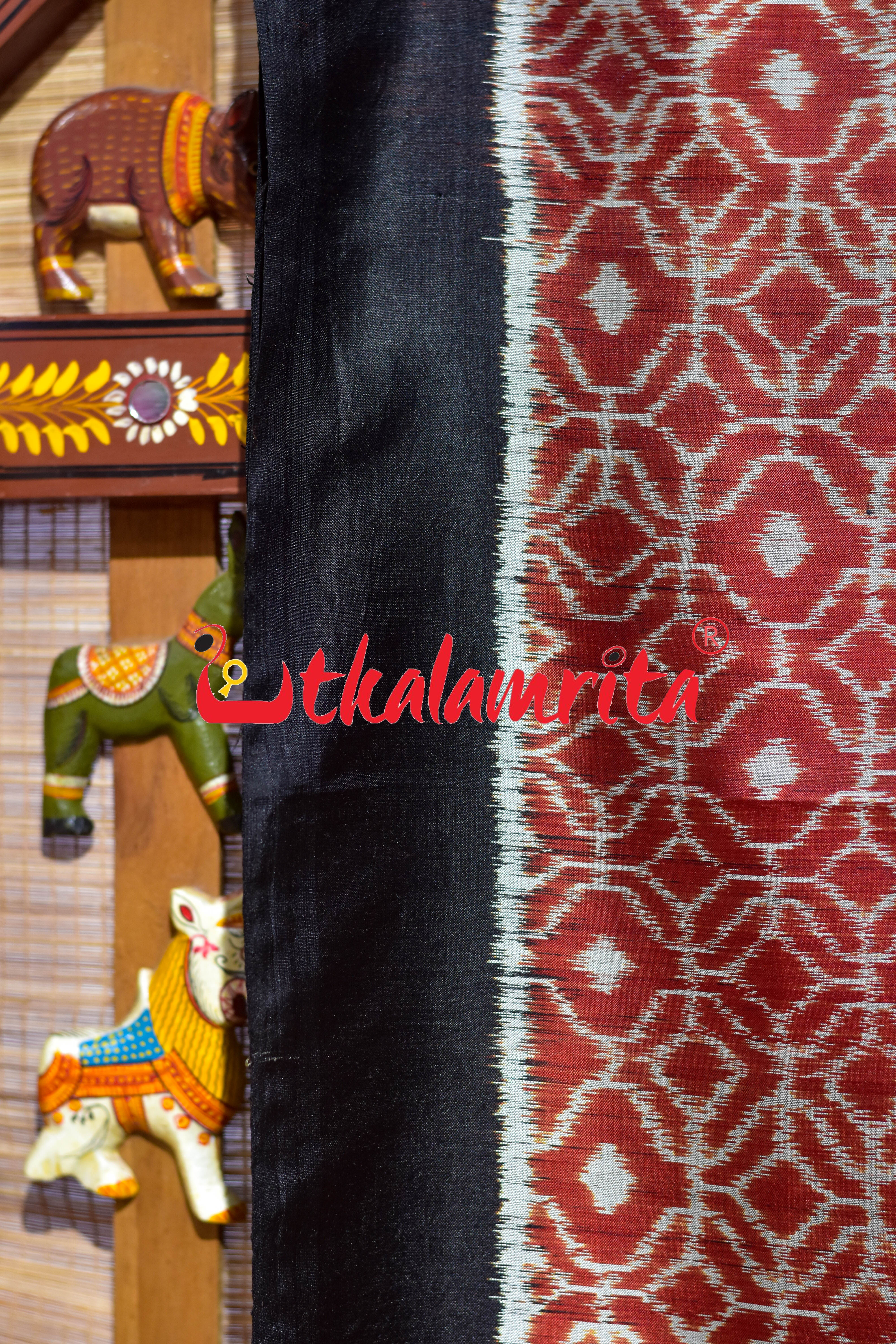 Rust Black Lining Dotted Khandua Silk Saree