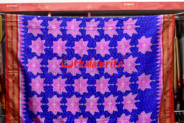 Blue Body Lotus Double Anchal Khandua Silk Saree