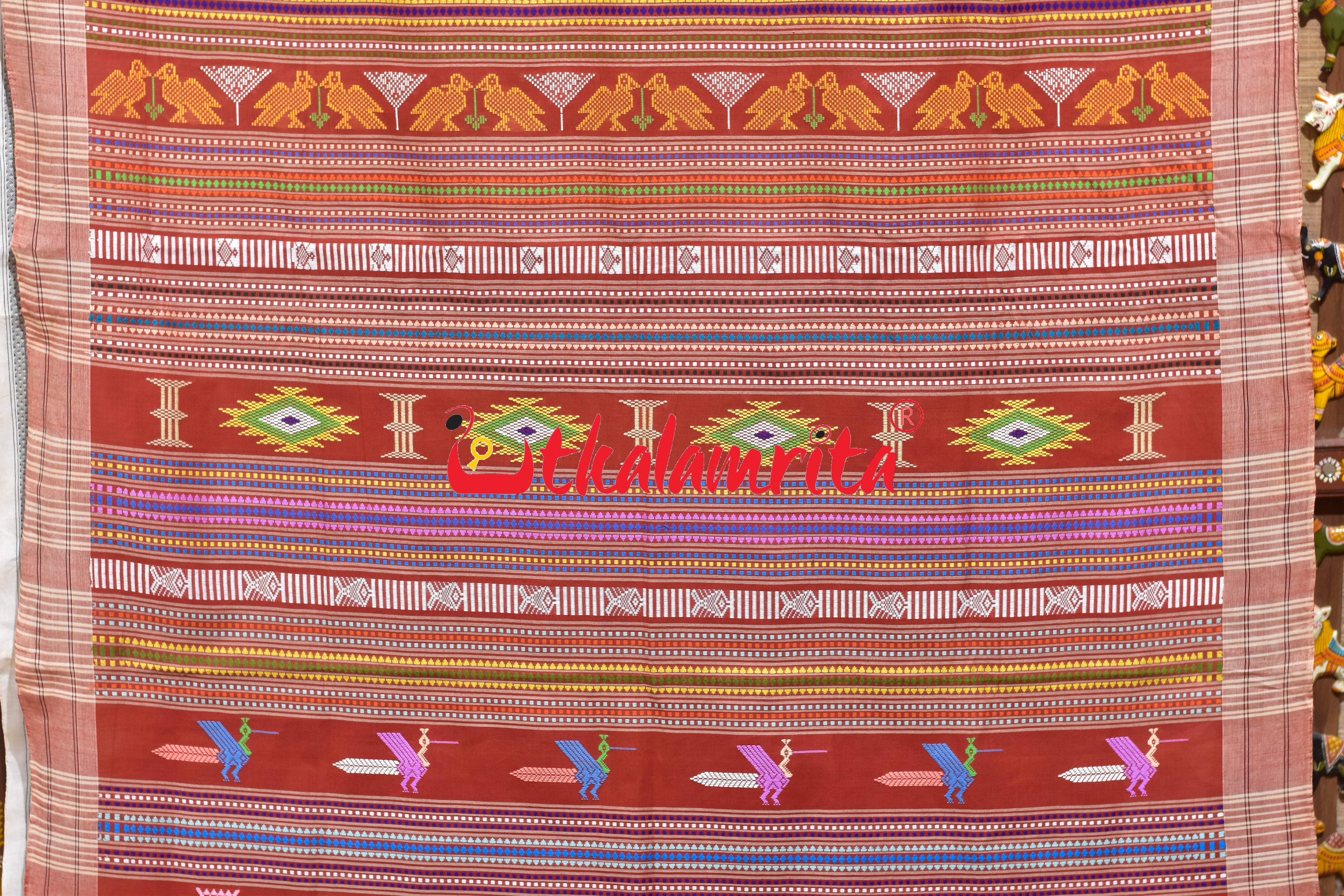 Rust White Border Ganjam Bomkai Cotton Saree