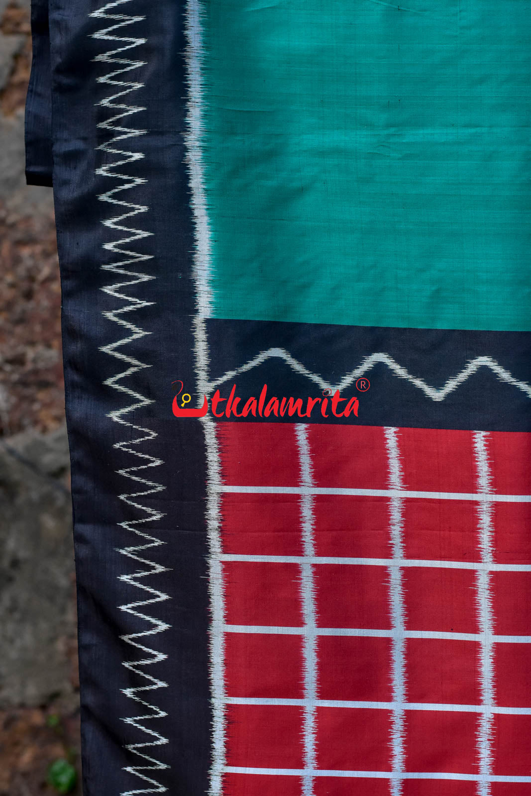 Emerald Green Red Chess Pallu Khandua Silk Saree