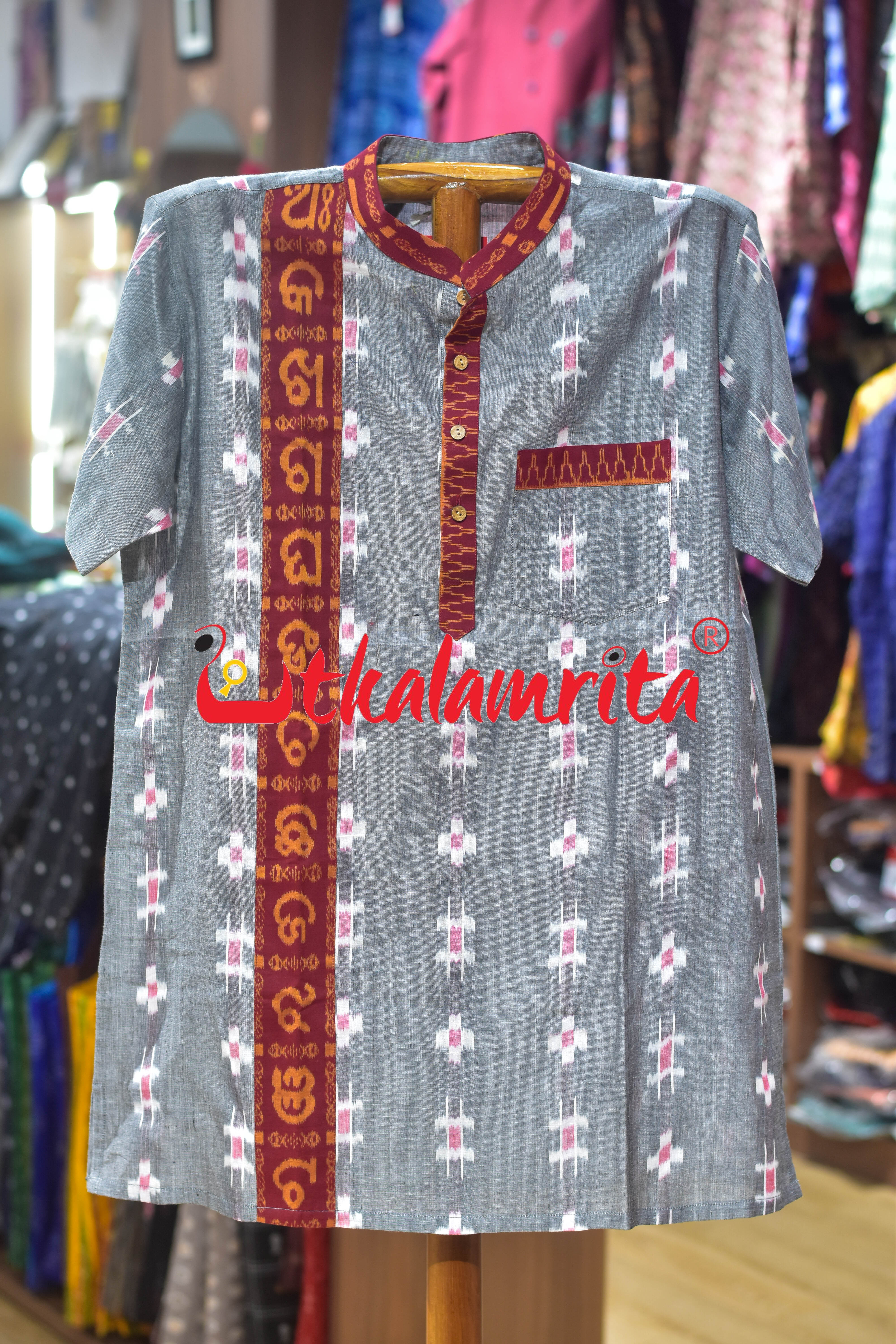 Grey Flower Kothi Bandha Odia Letters (Men's Short Kurta)