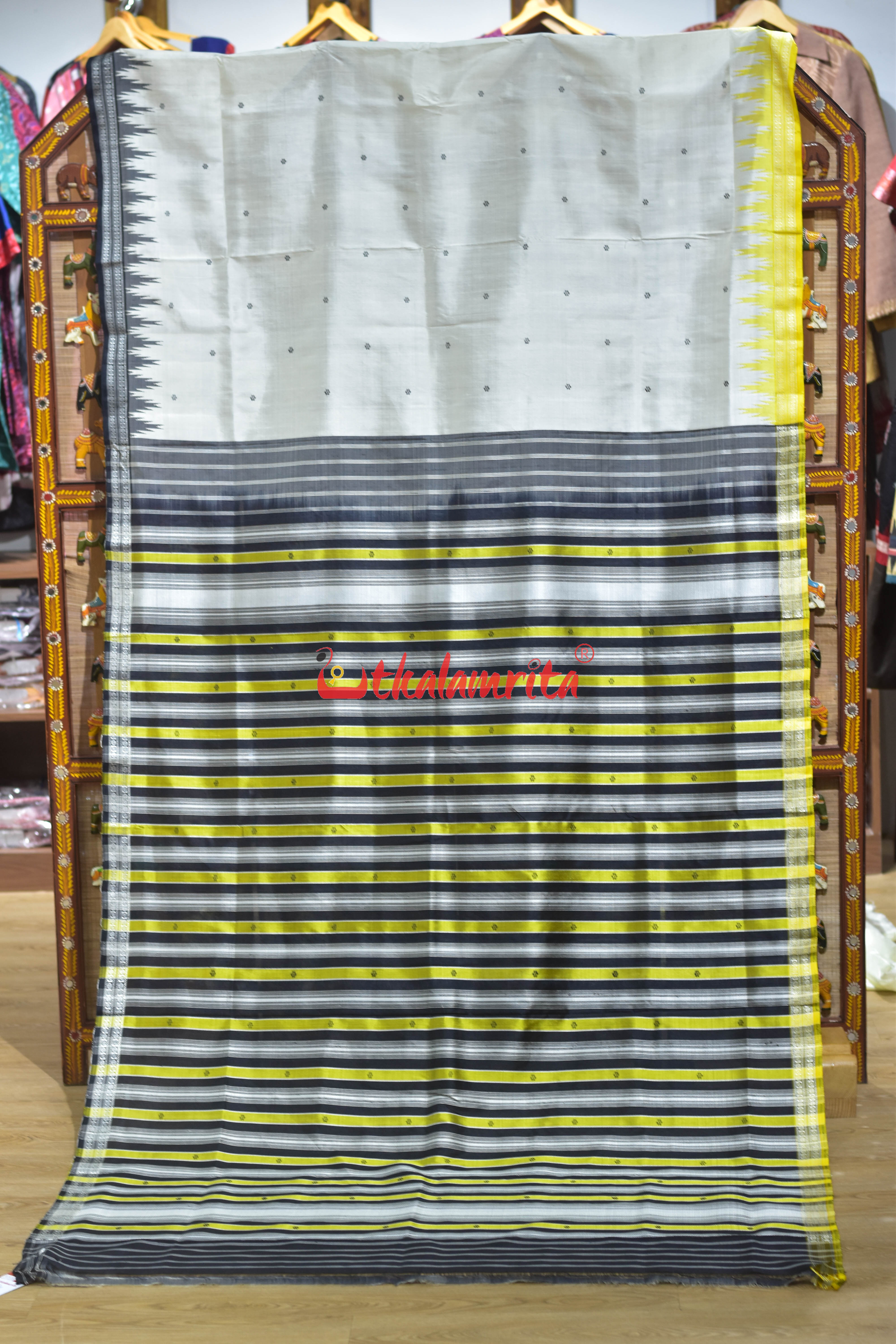 White Yellow Black Double Anchal  Berhampuri Silk Saree