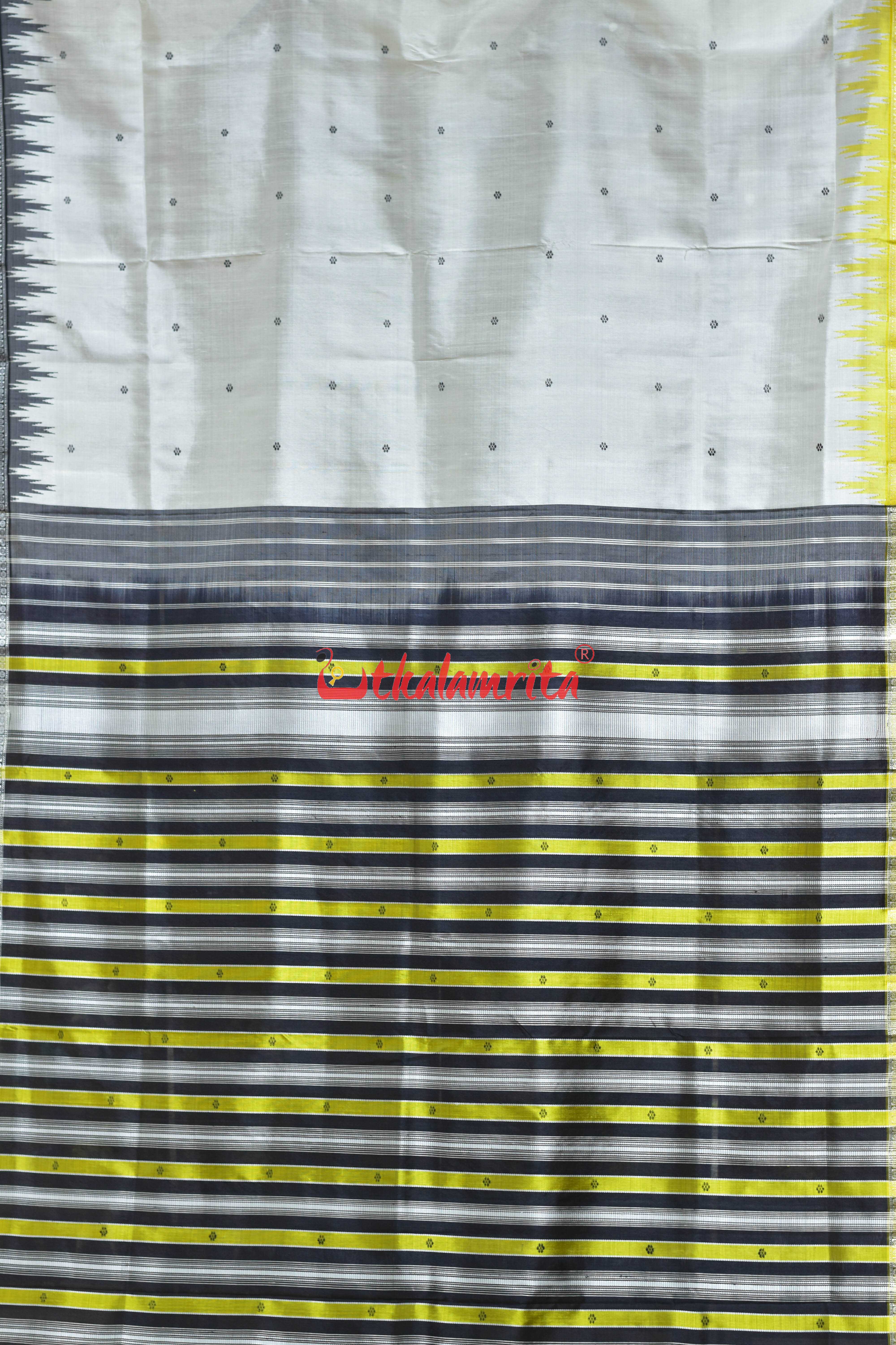 White Yellow Black Double Anchal  Berhampuri Silk Saree