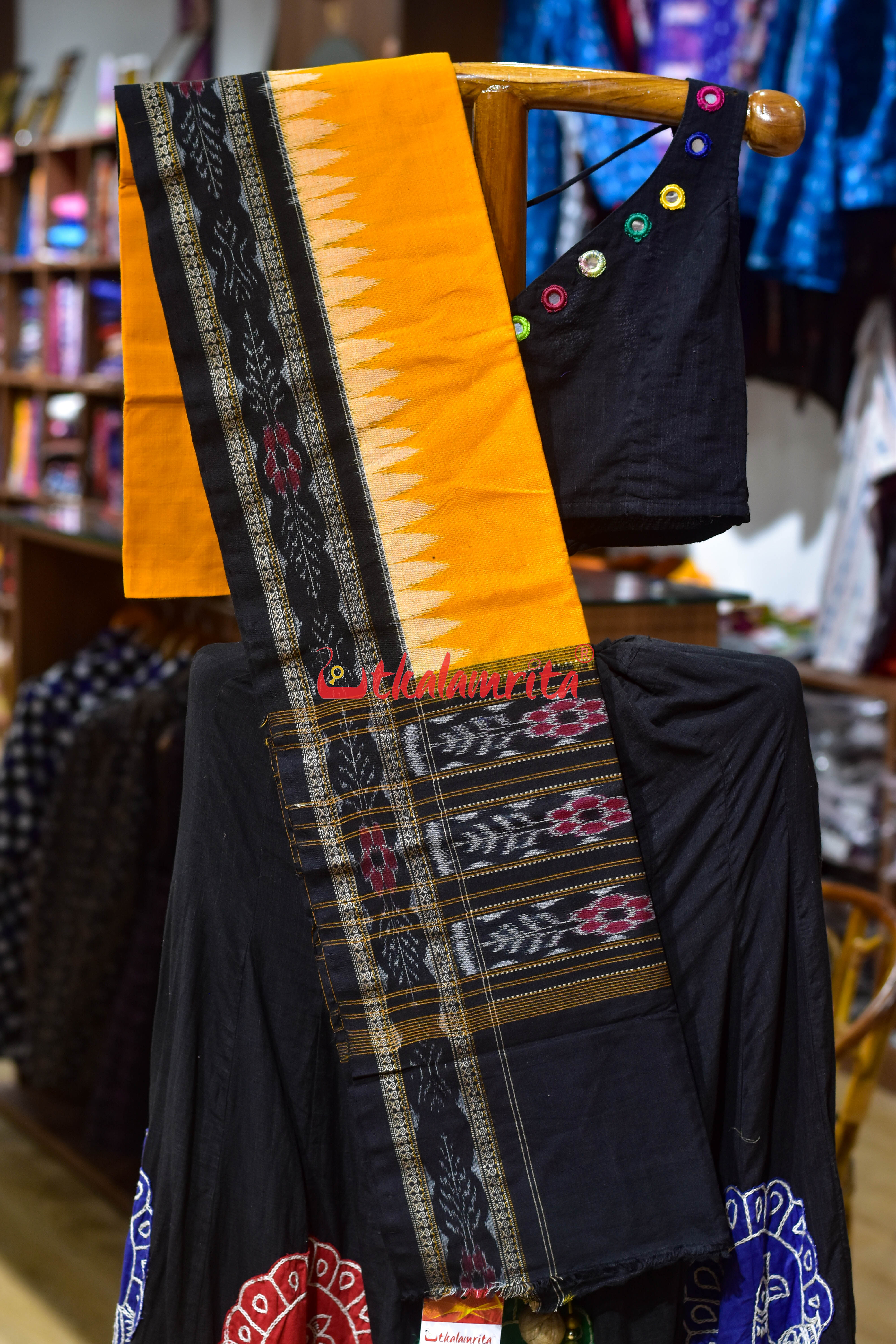 Mustard Black Flower Bandha Cotton (Dupatta)