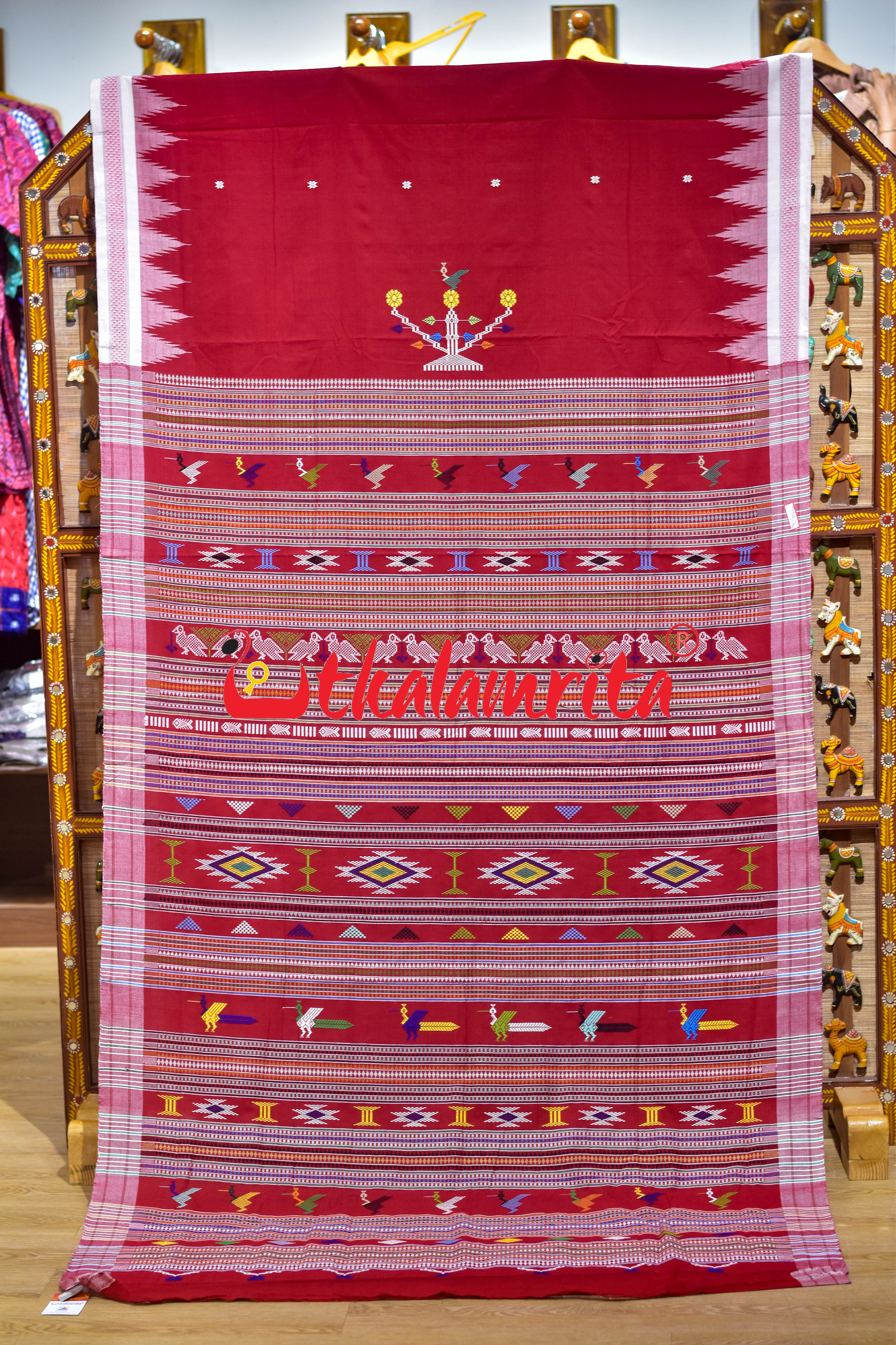 Red White Border Ganjam Bomkai Cotton Saree