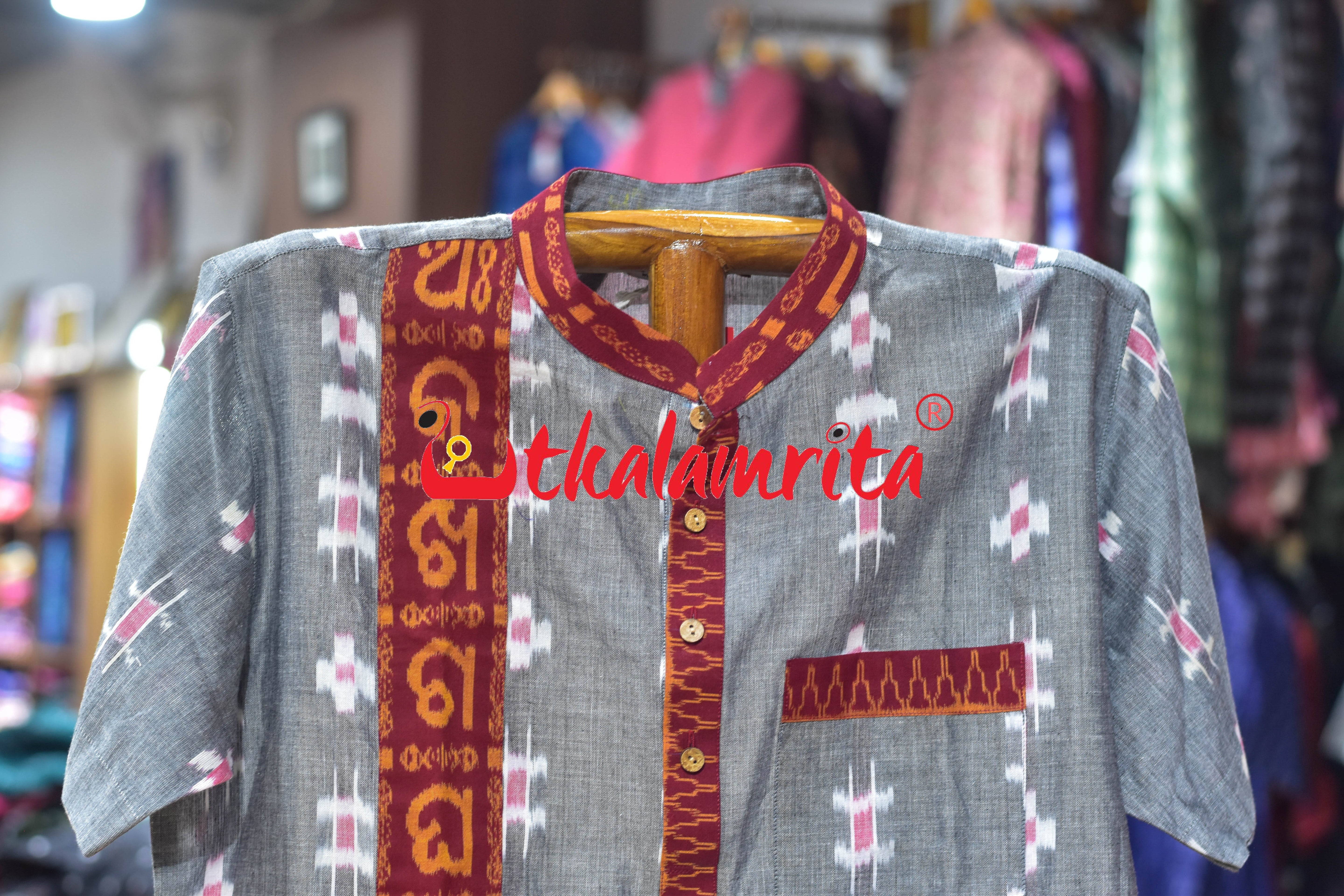 Grey Flower Kothi Bandha Odia Letters (Men's Short Kurta)