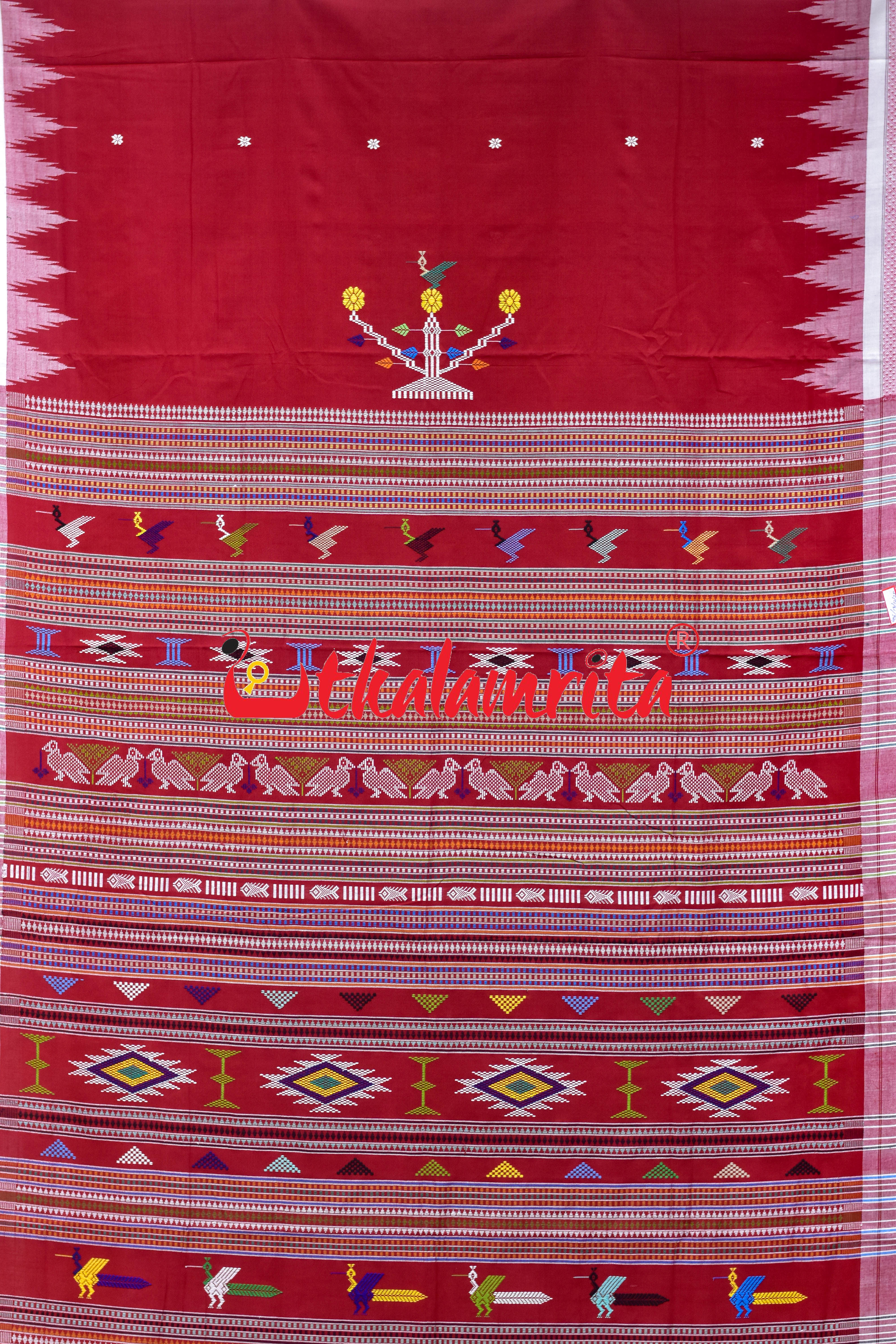 Red White Border Ganjam Bomkai Cotton Saree