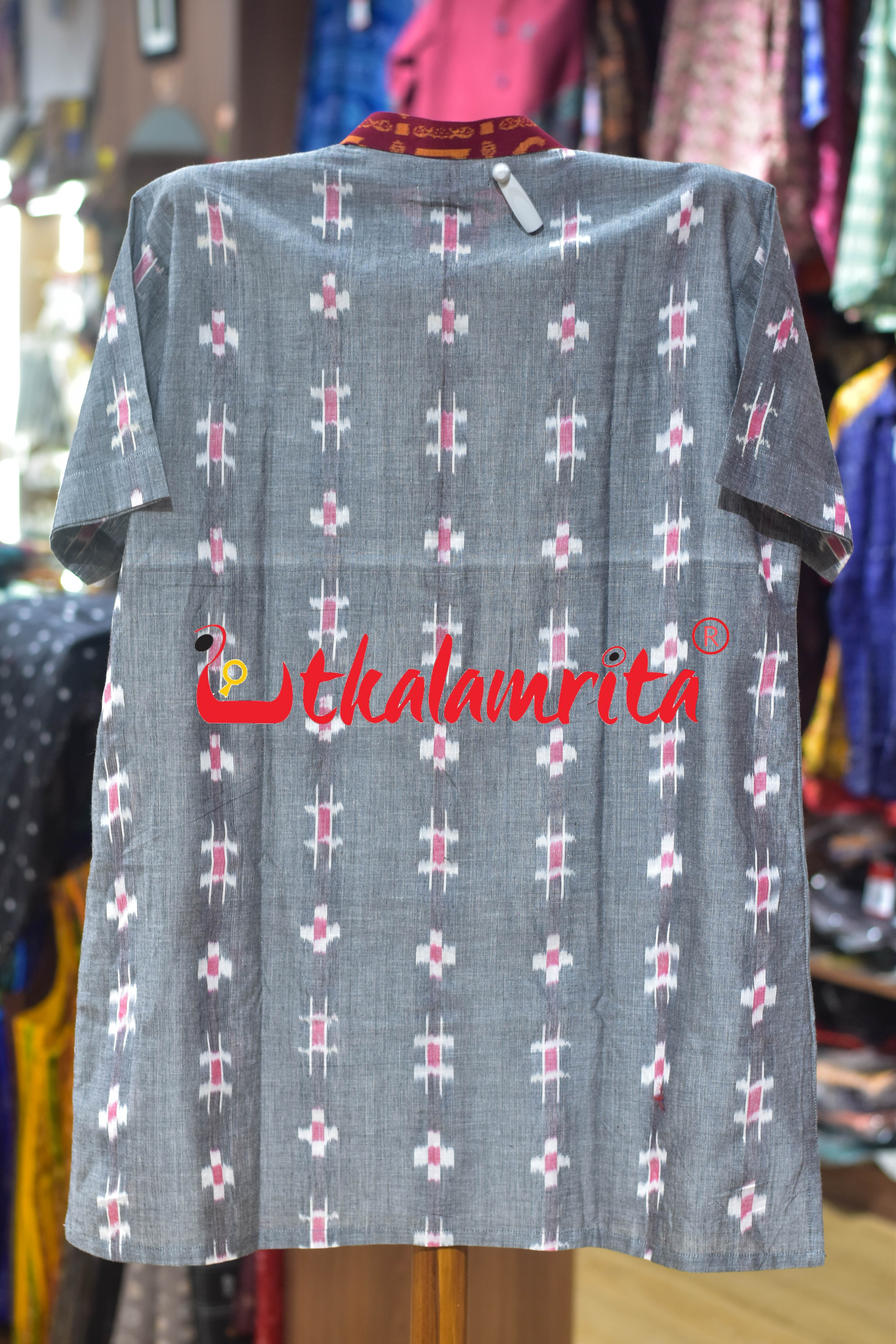Grey Flower Kothi Bandha Odia Letters (Men's Short Kurta)