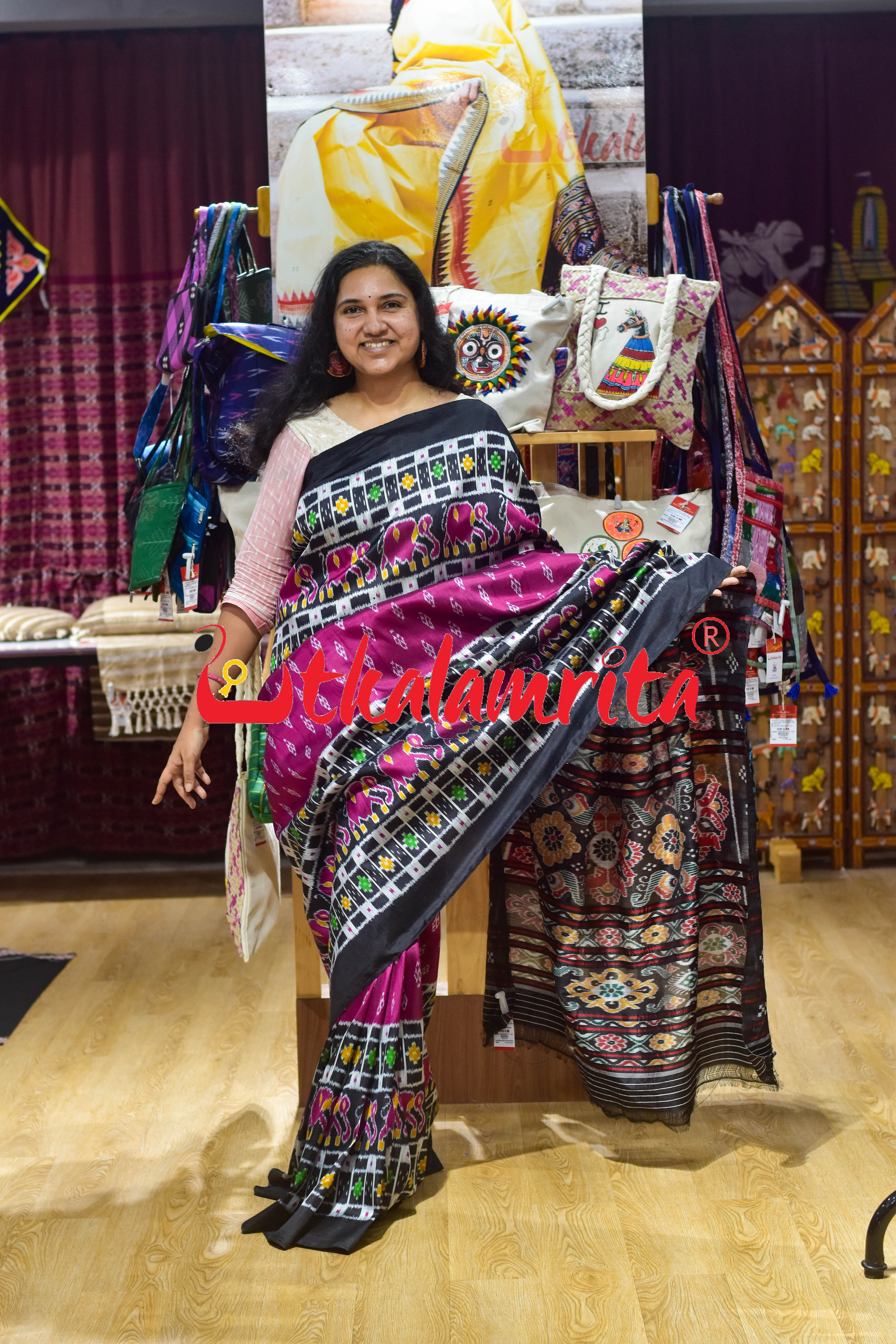 Purple Black Border Elephant Pasapali Khandua Silk Saree