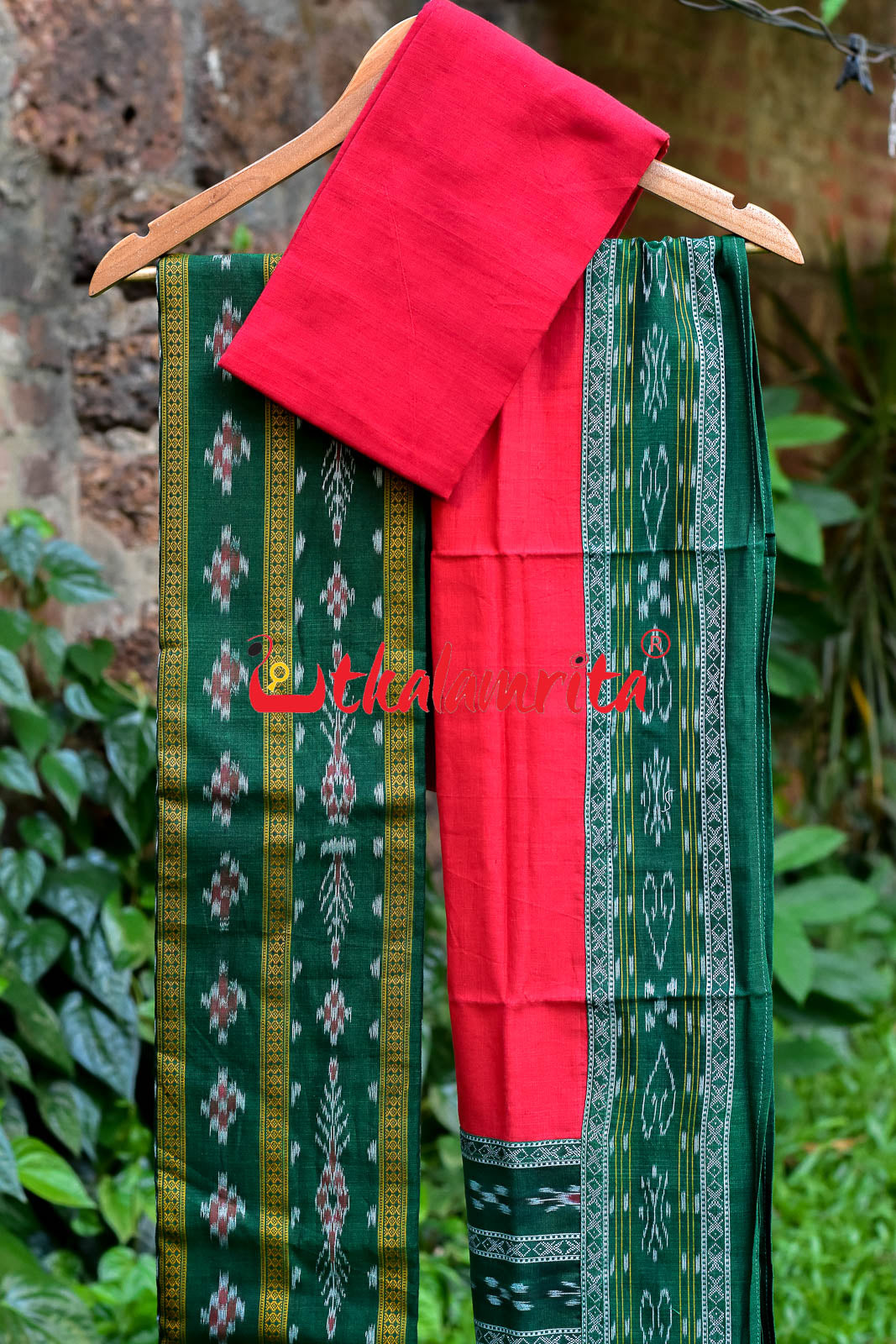 Green Red Pasapali Long Flower Bandha Dress Set
