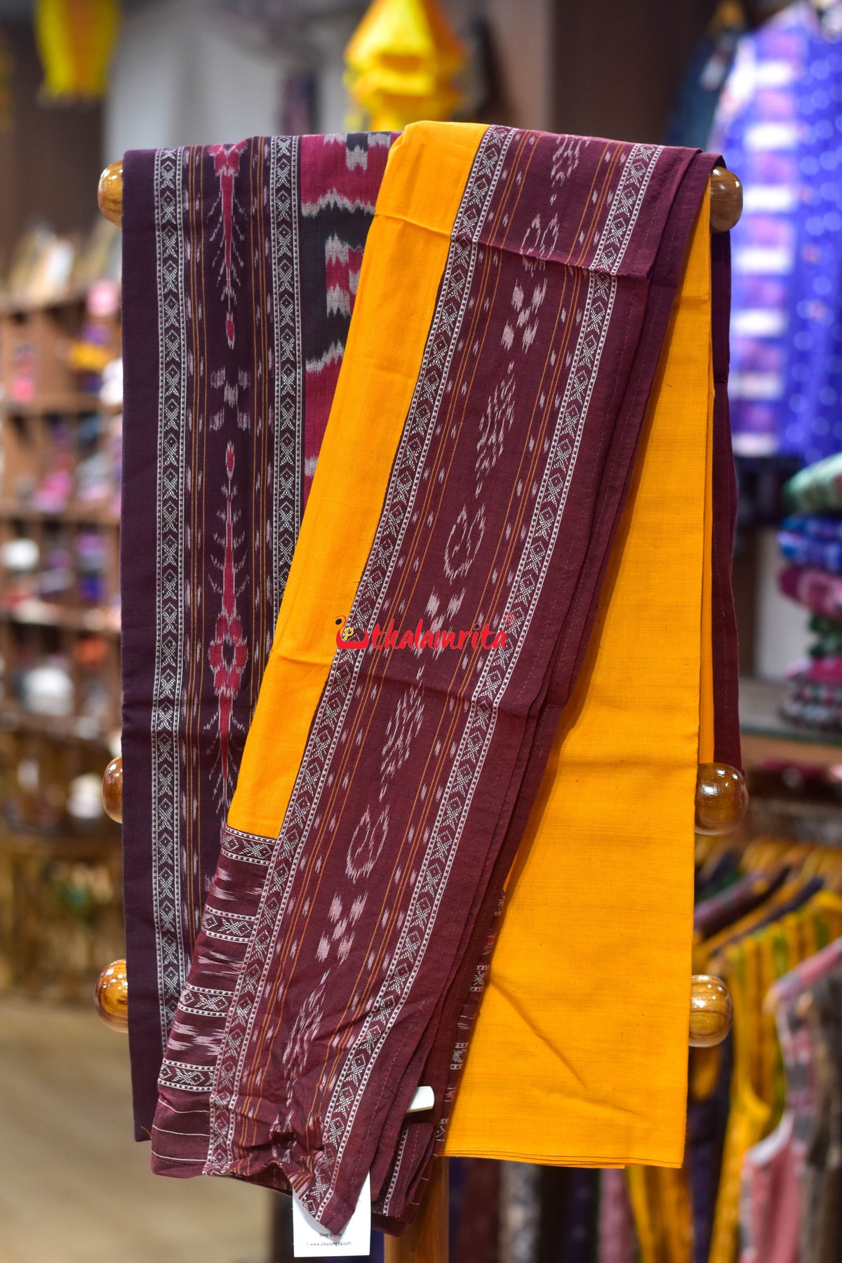 Coffee Yellow Middle Pasapali Flower Ikat Dress Set
