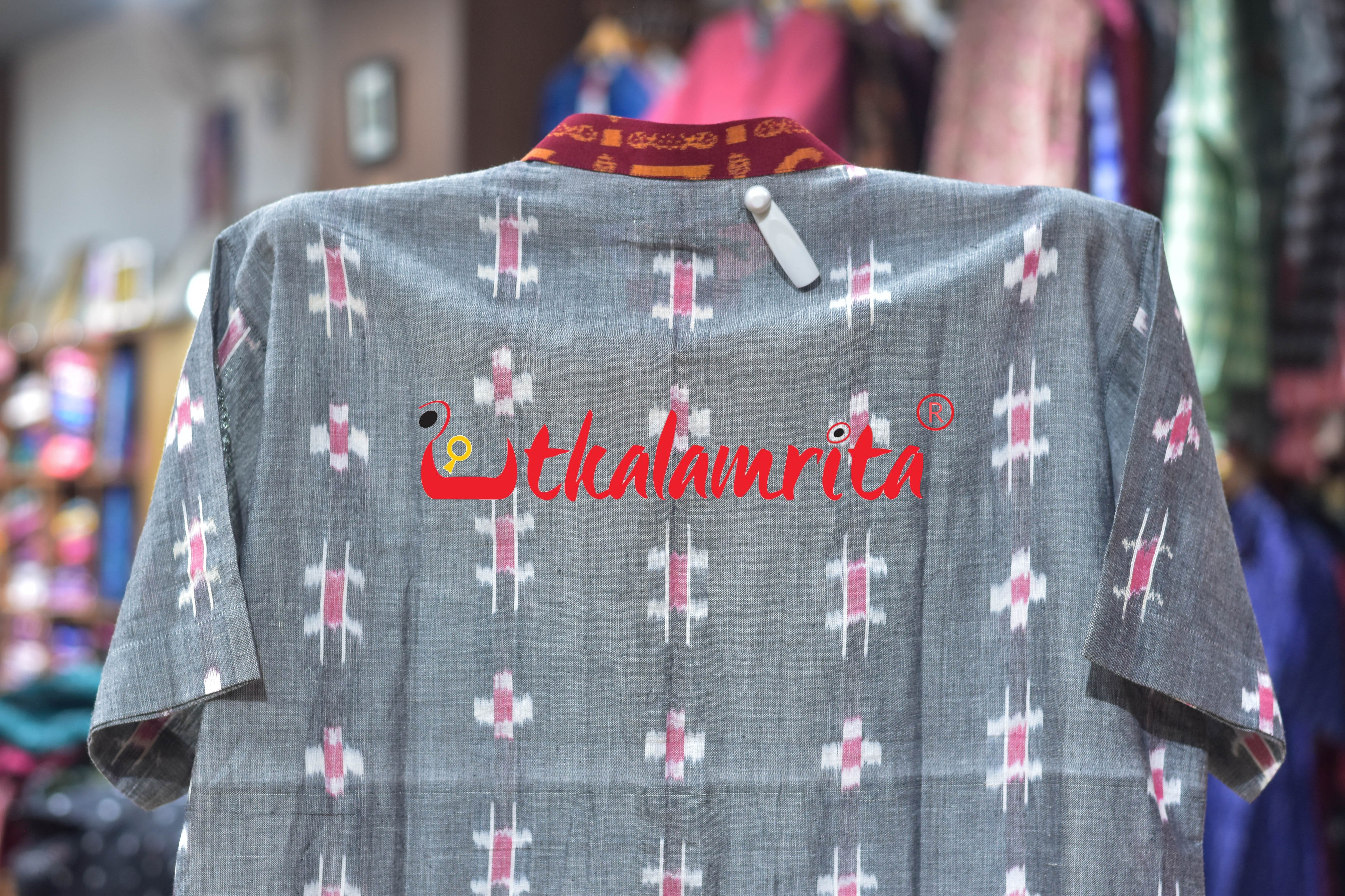 Grey Flower Kothi Bandha Odia Letters (Men's Short Kurta)