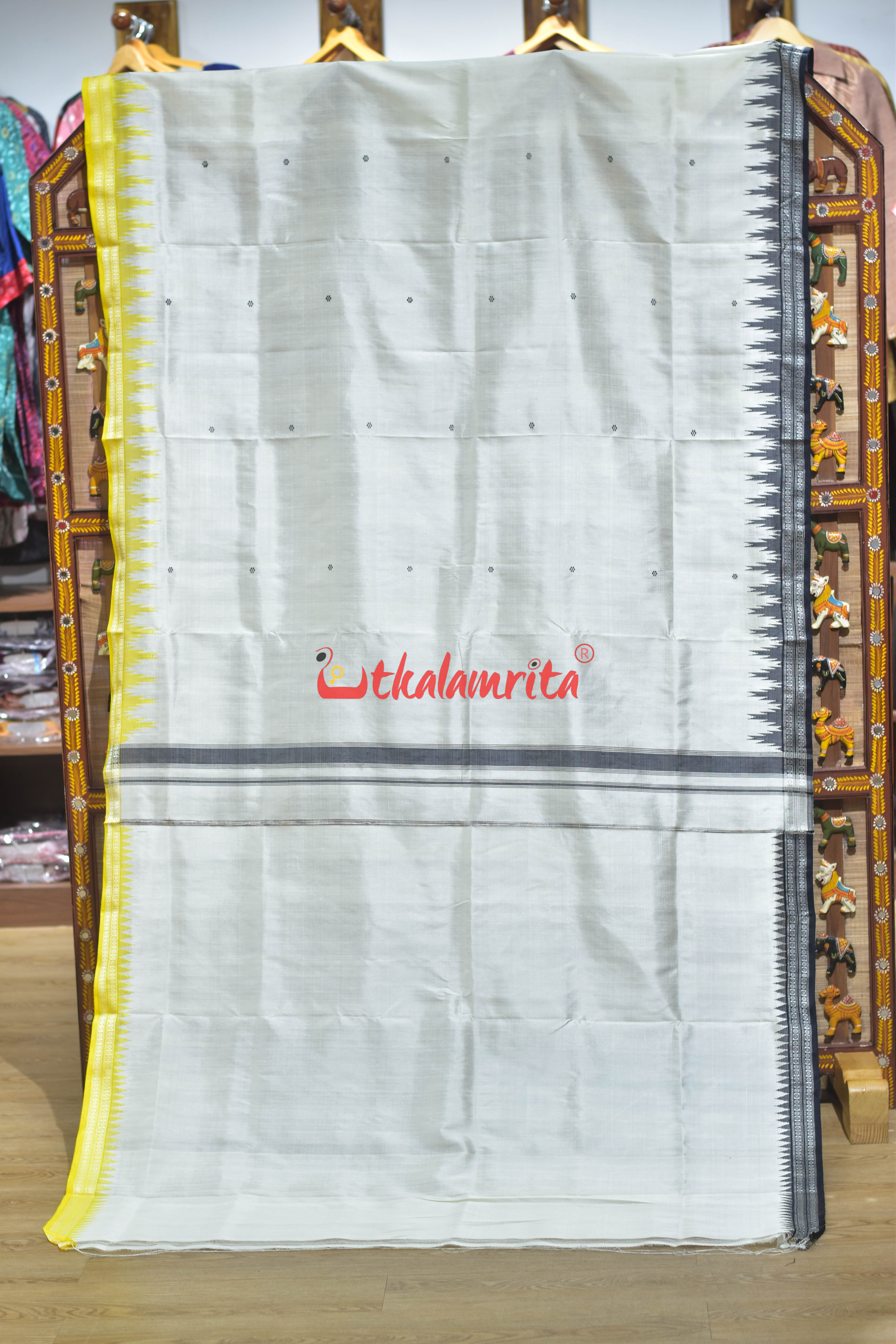 White Yellow Black Double Anchal  Berhampuri Silk Saree