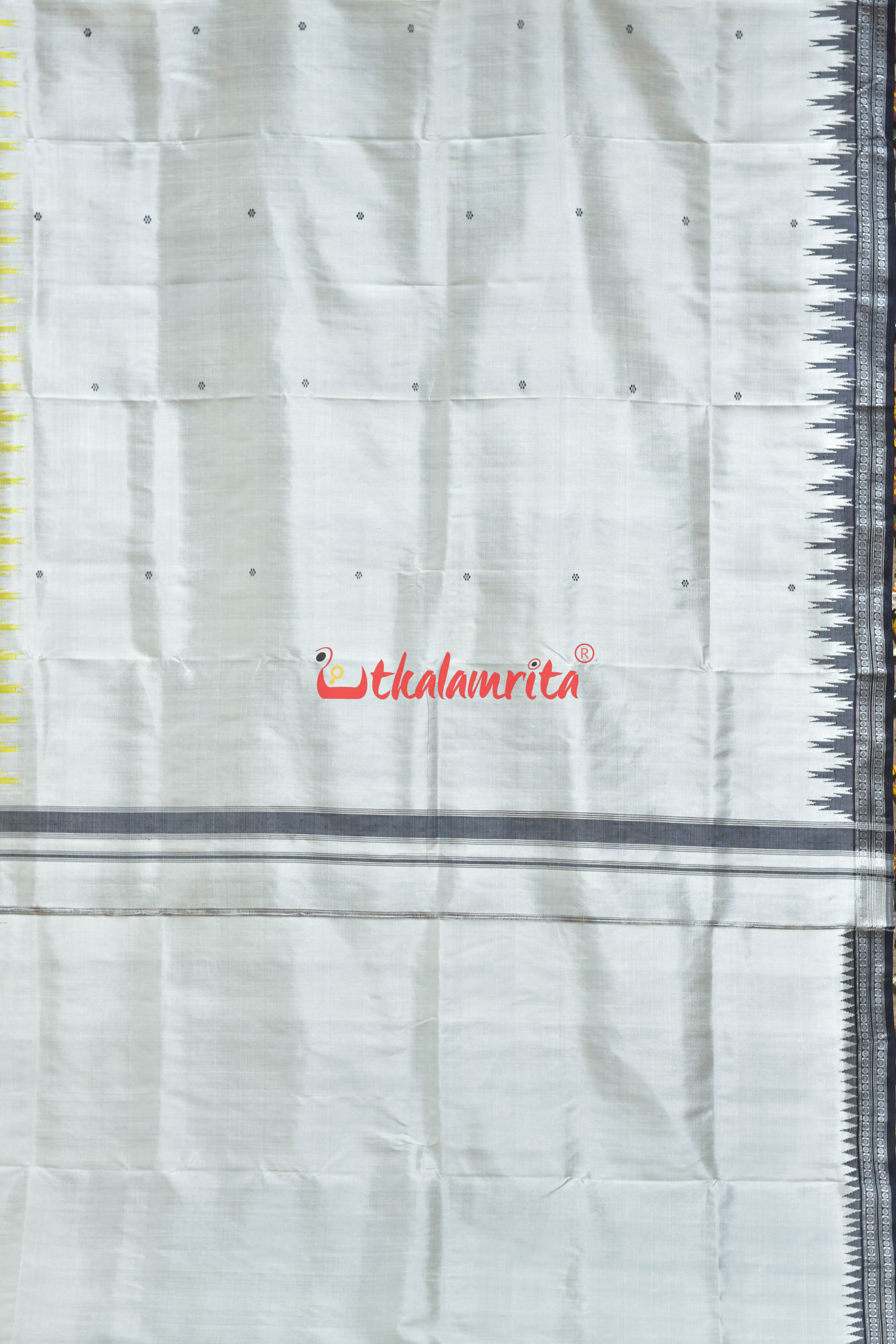 White Yellow Black Double Anchal  Berhampuri Silk Saree