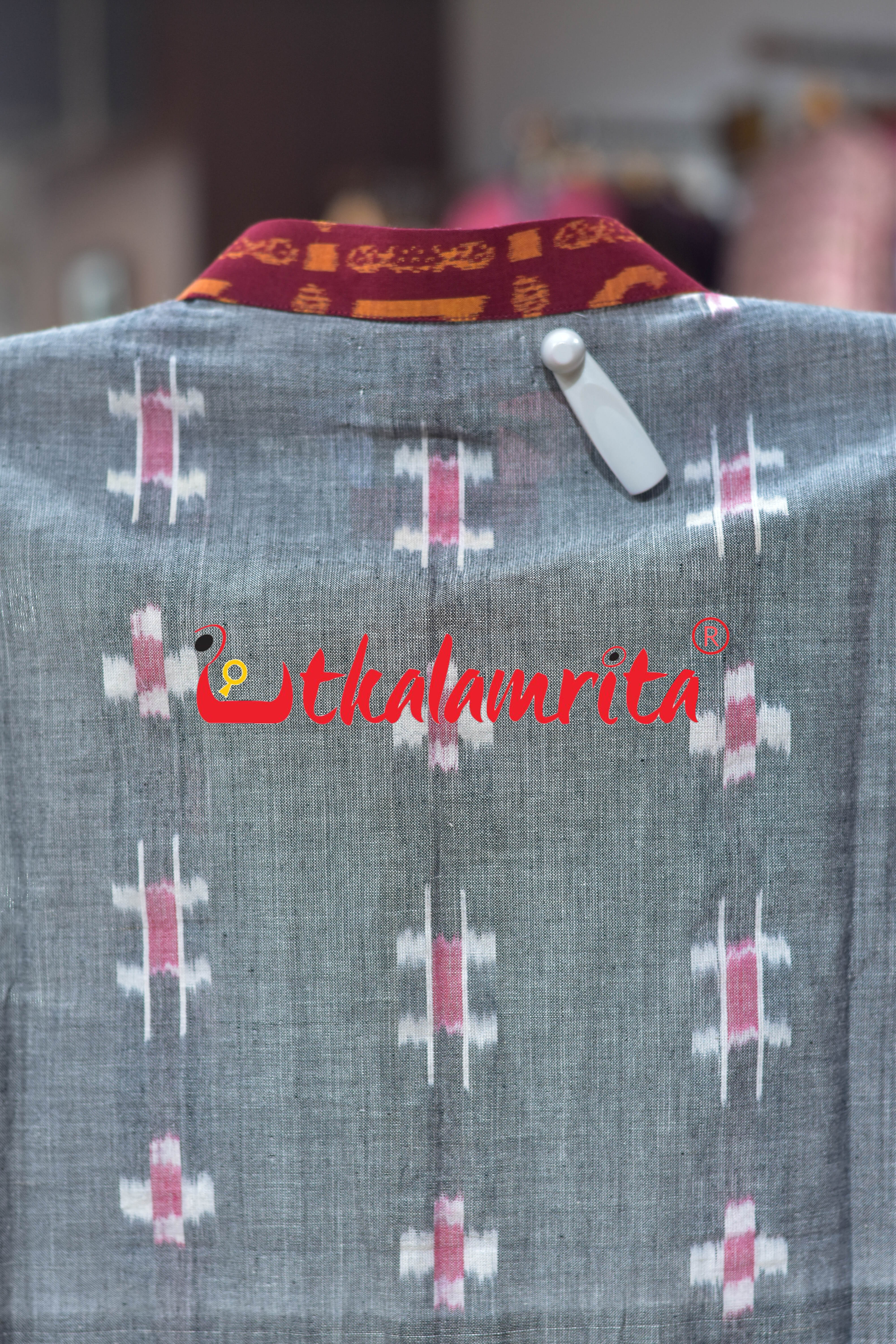 Grey Flower Kothi Bandha Odia Letters (Men's Short Kurta)