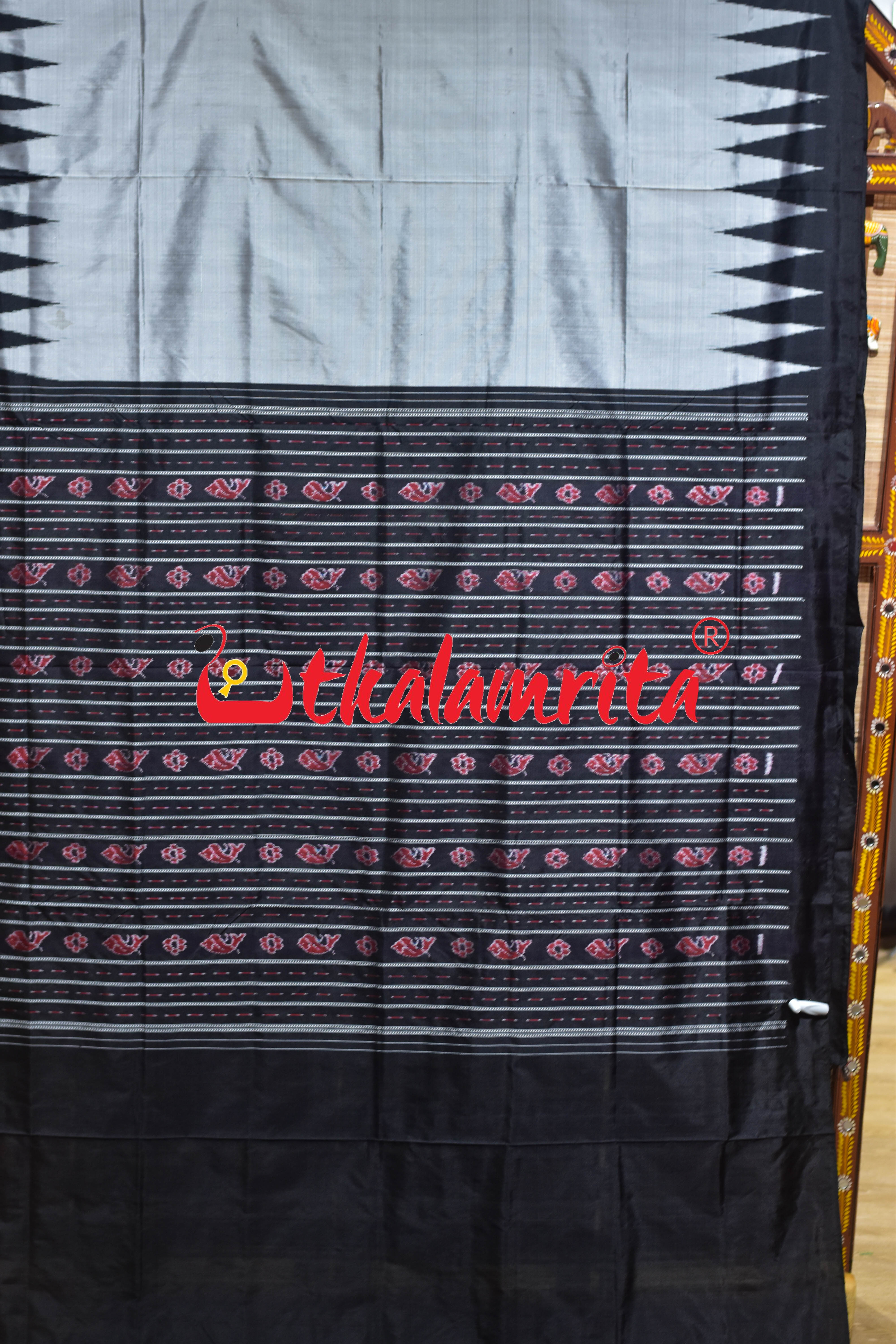 Grey Black Kumbha Bandha Anchal Sambalpuri Silk Saree
