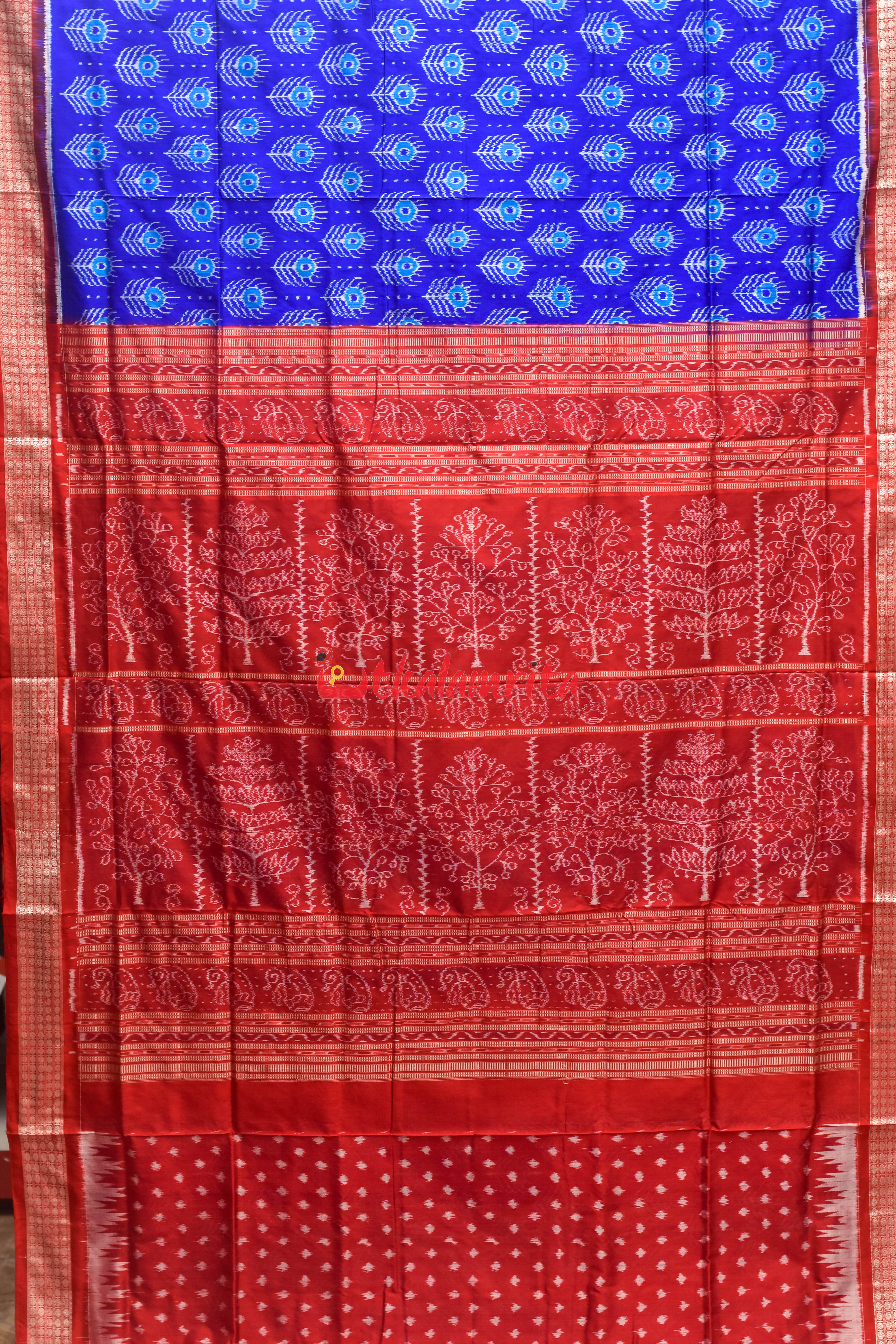 Blue Red Mayurapucha Sambalpuri Silk Saree