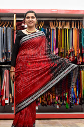 Maroon Black Flower Bandha Khandua Cotton Saree