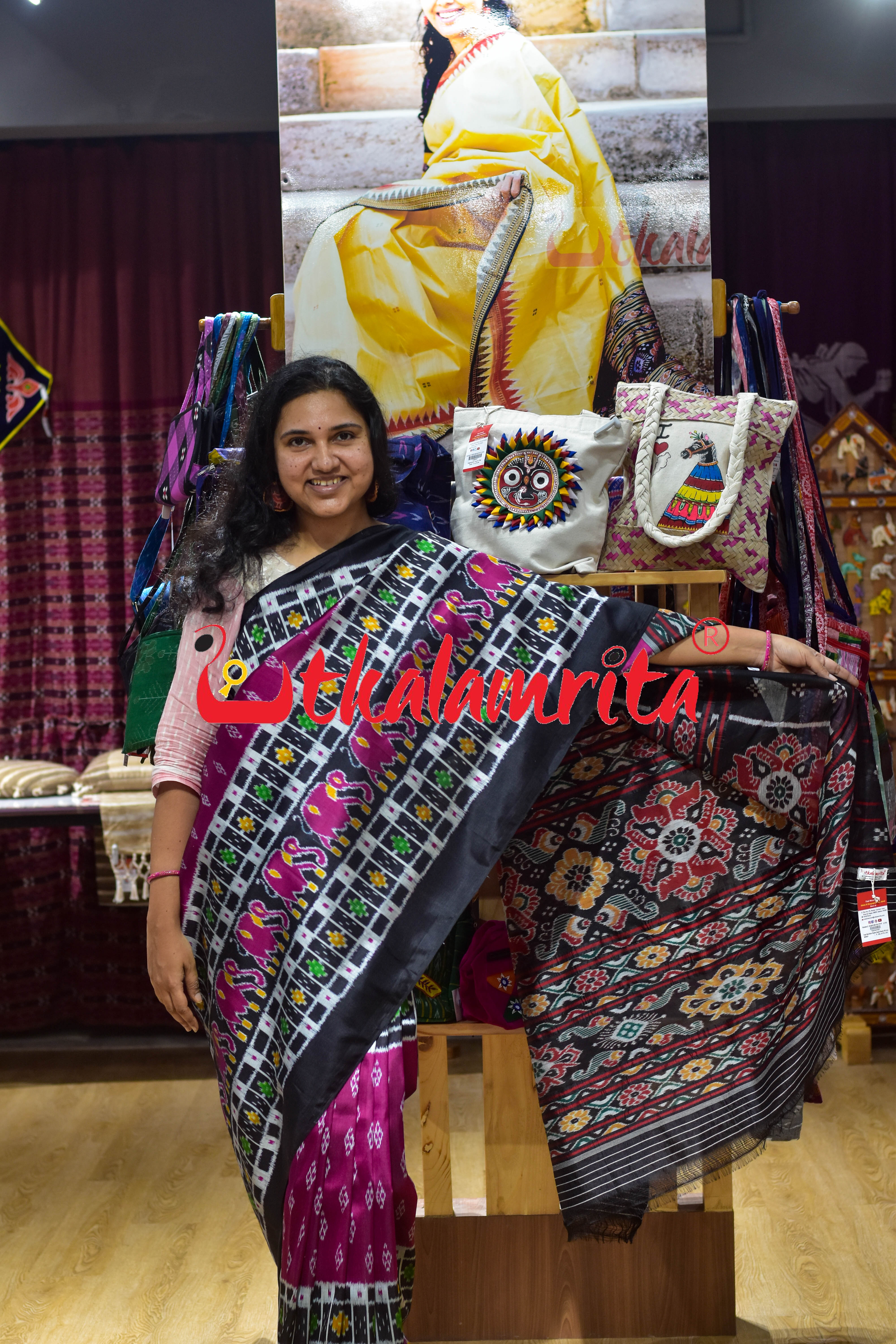 Purple Black Border Elephant Pasapali Khandua Silk Saree