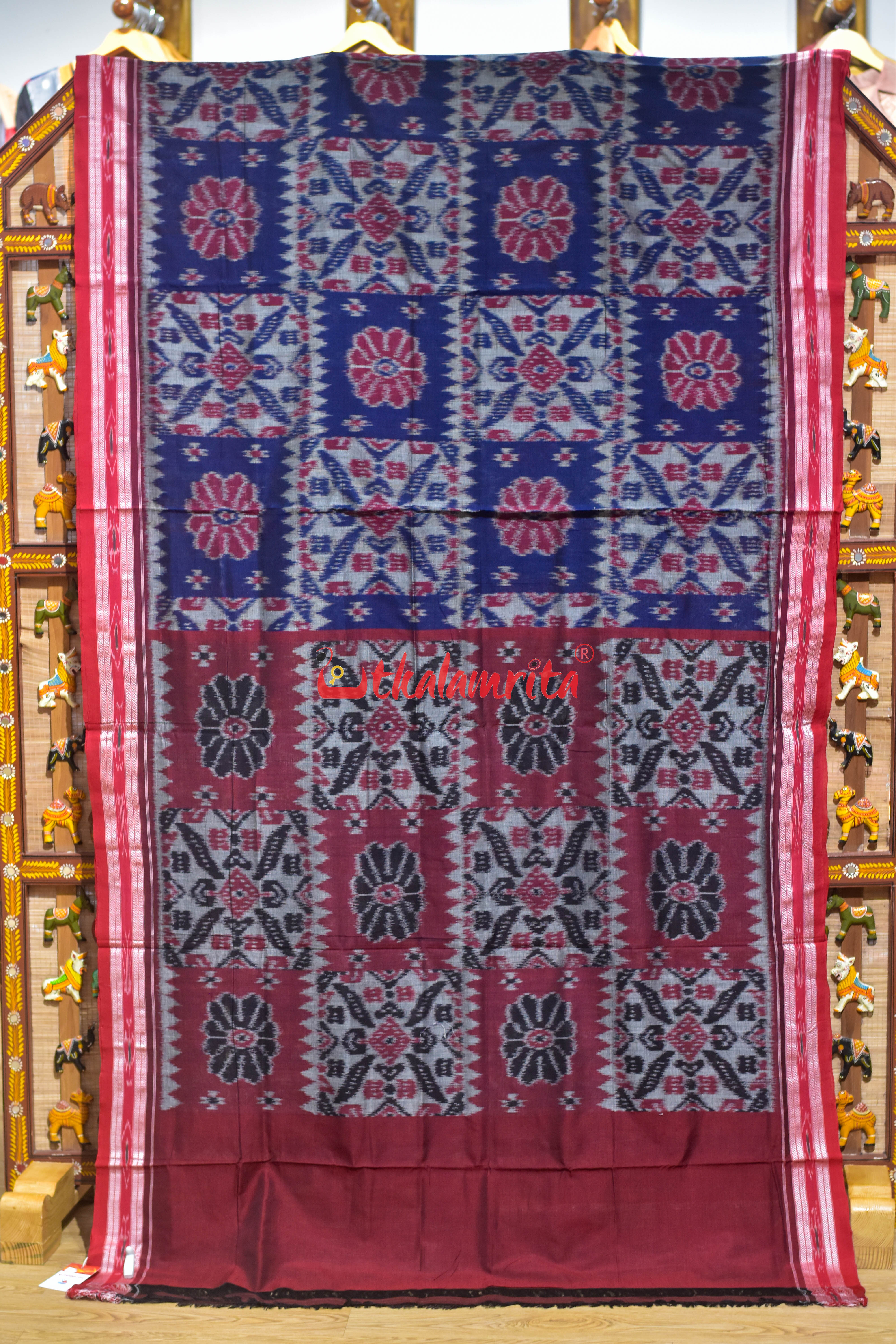 Computer Blue Grey Red Khandua Cotton Saree