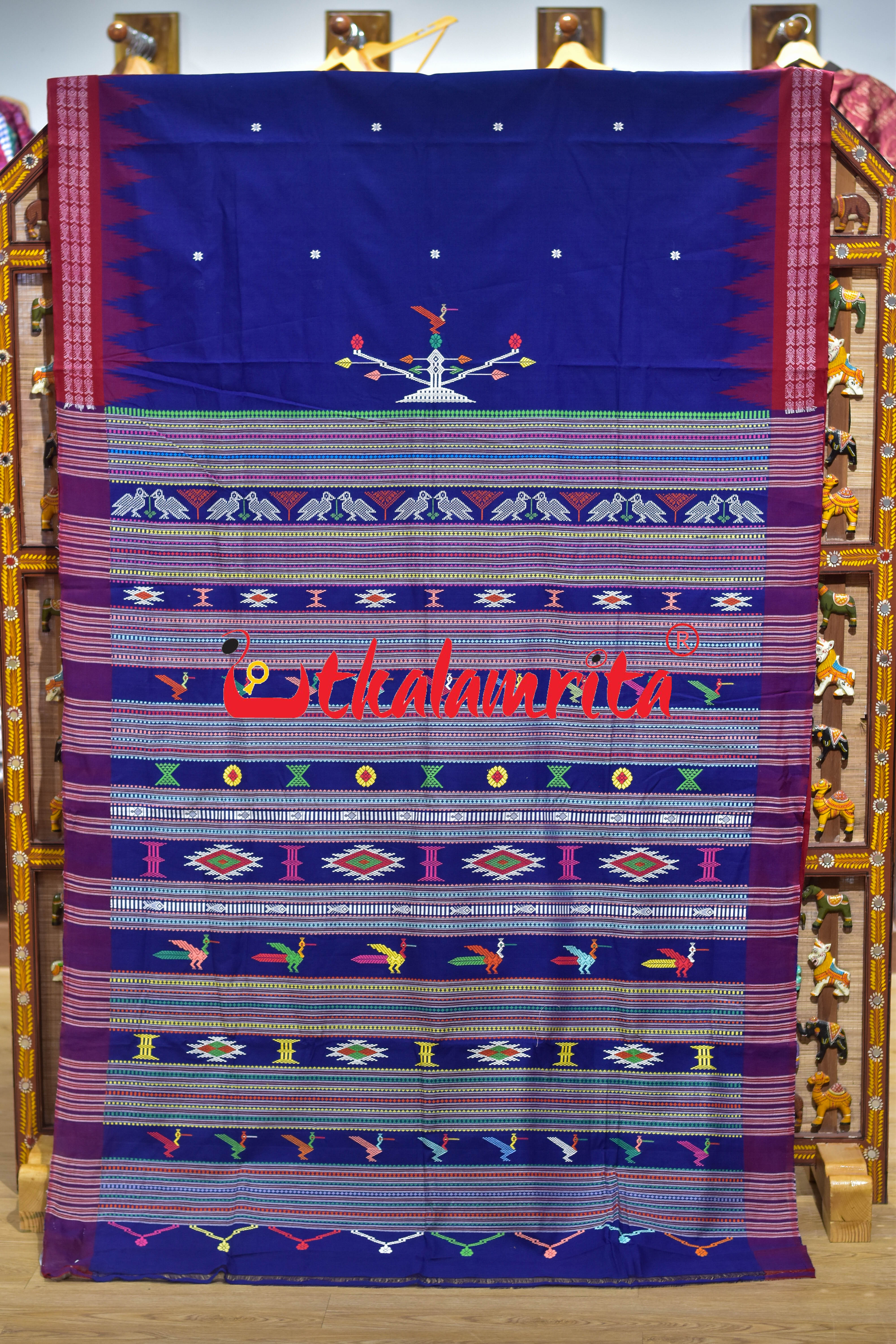 Blue Red Border Ganjam Bomkai Cotton Saree