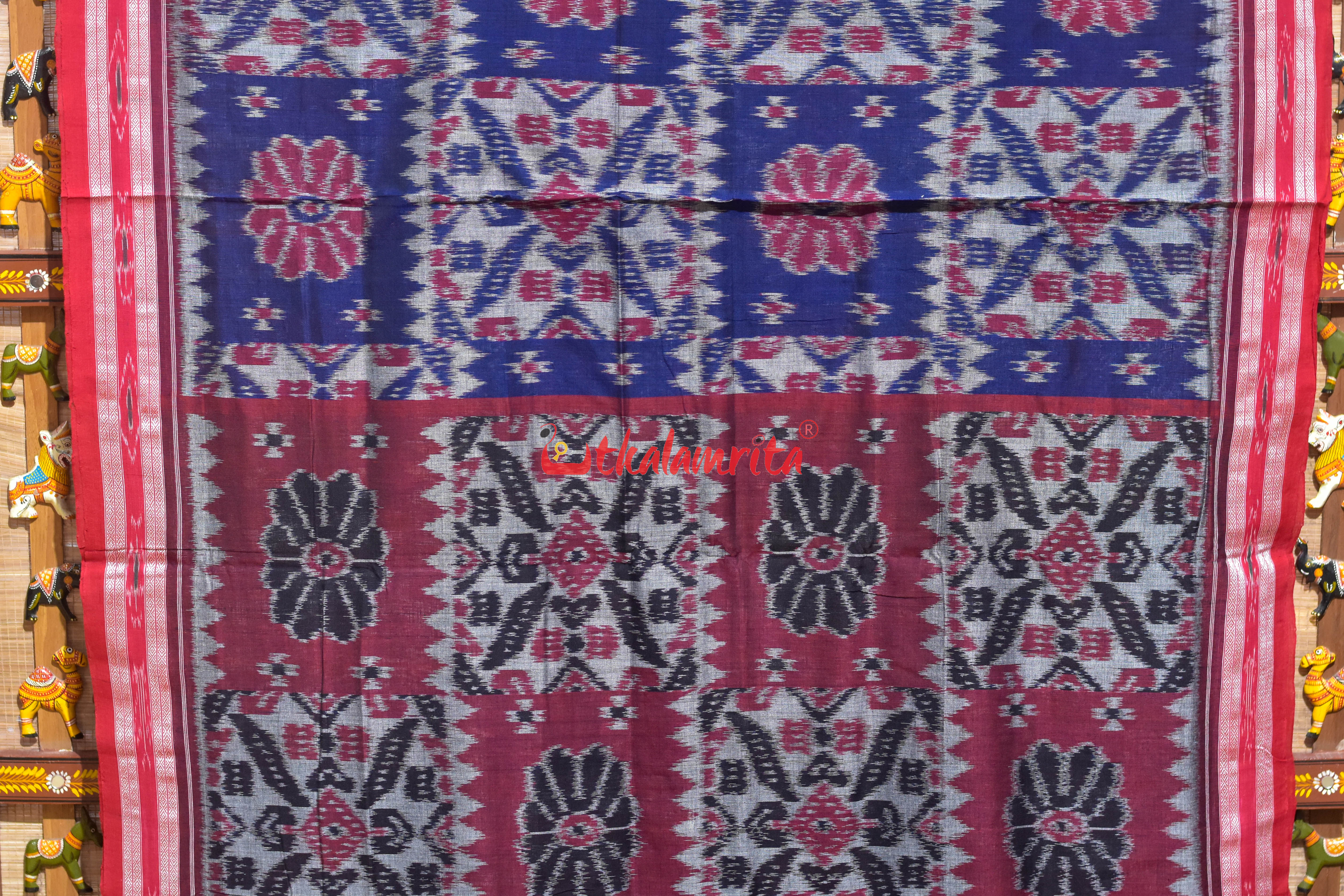 Computer Blue Grey Red Khandua Cotton Saree