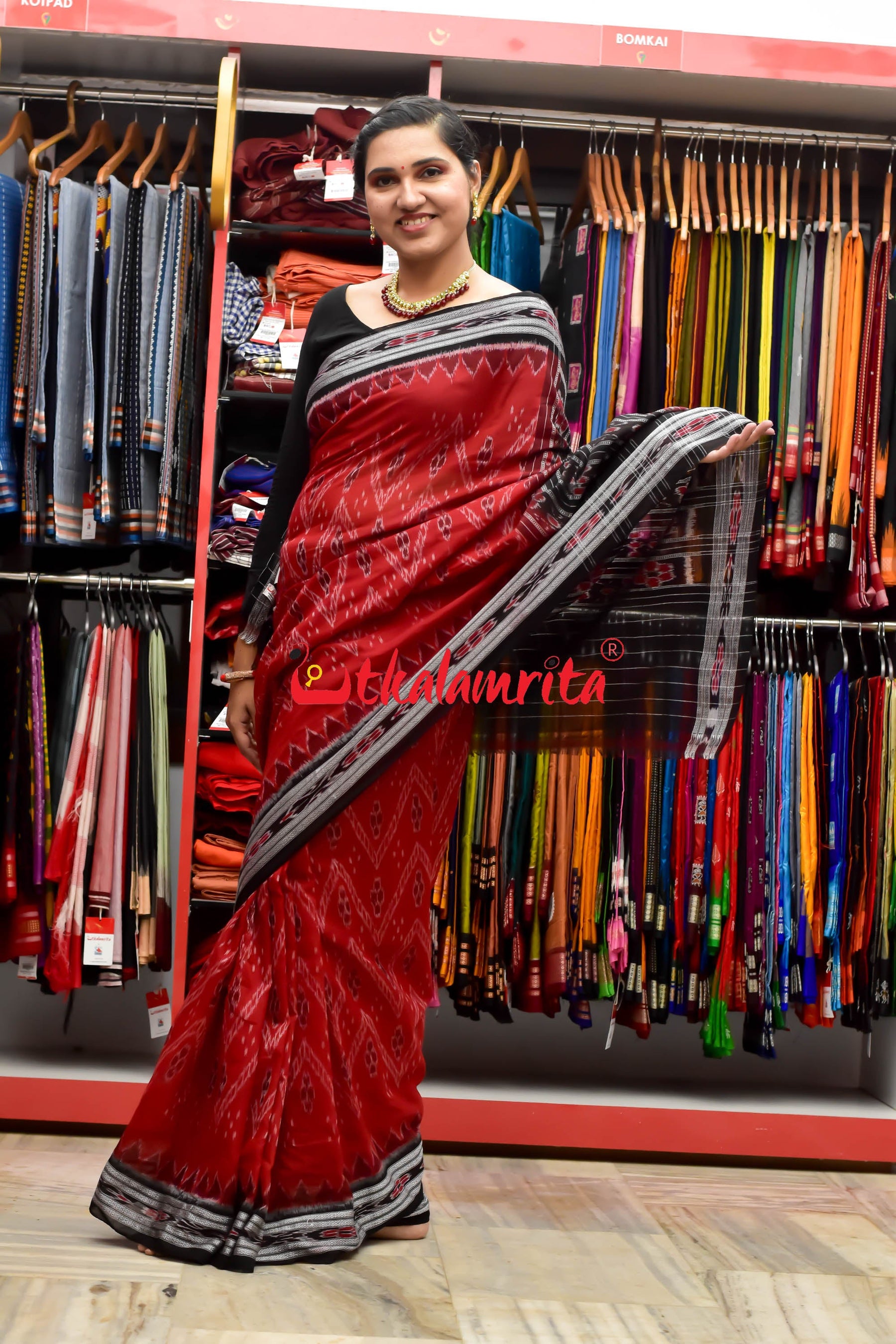 Maroon Black Flower Bandha Khandua Cotton Saree