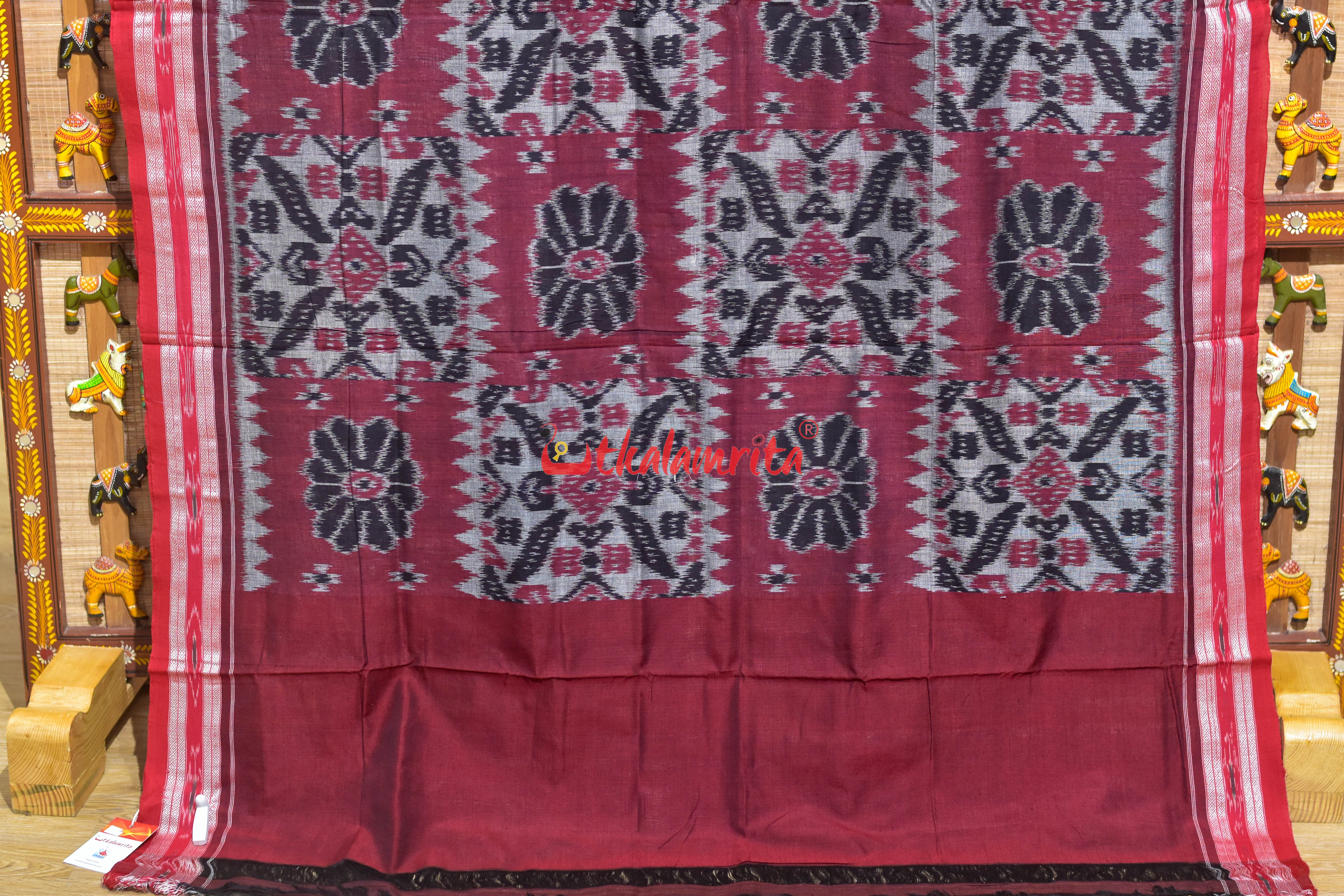 Computer Blue Grey Red Khandua Cotton Saree