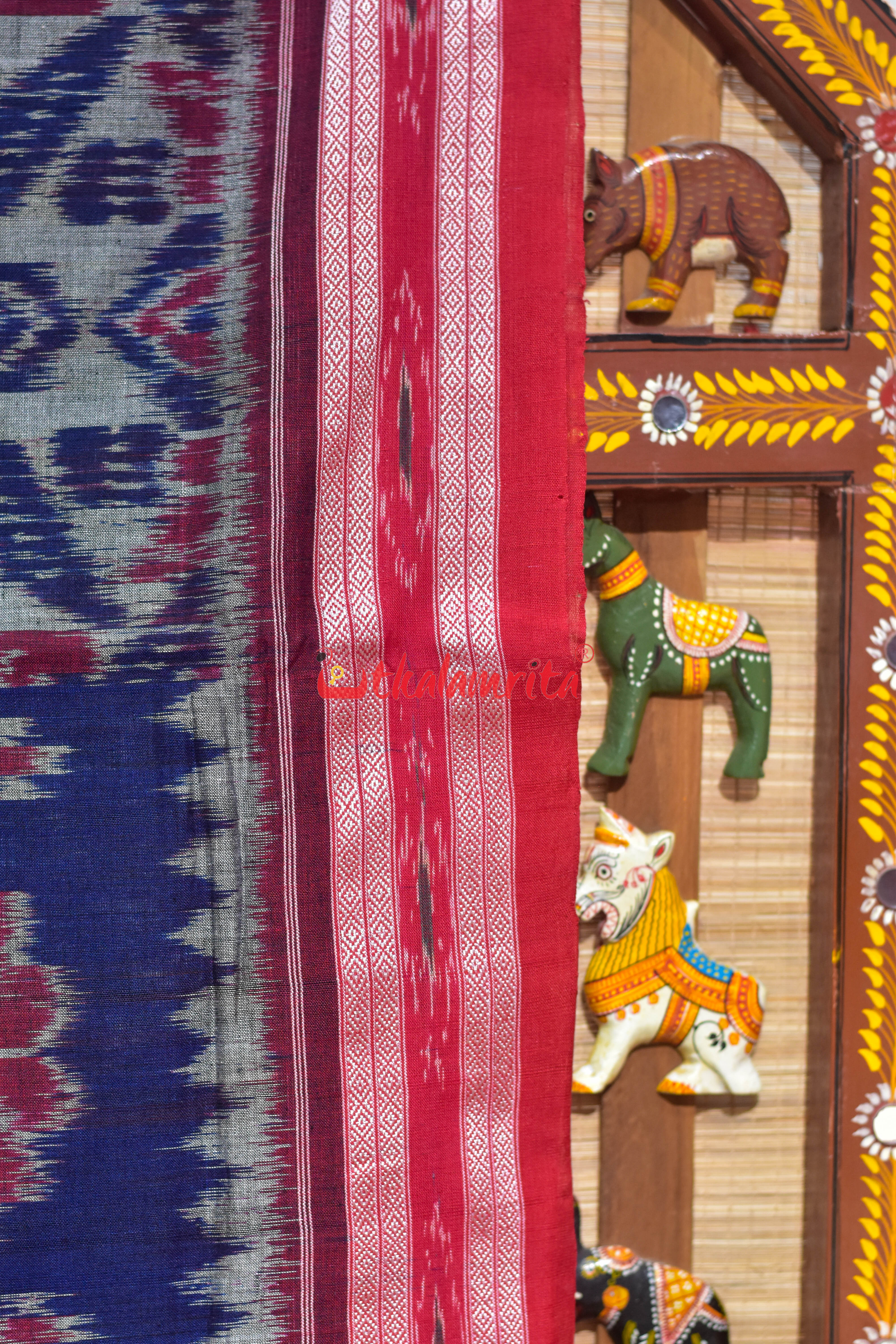 Computer Blue Grey Red Khandua Cotton Saree