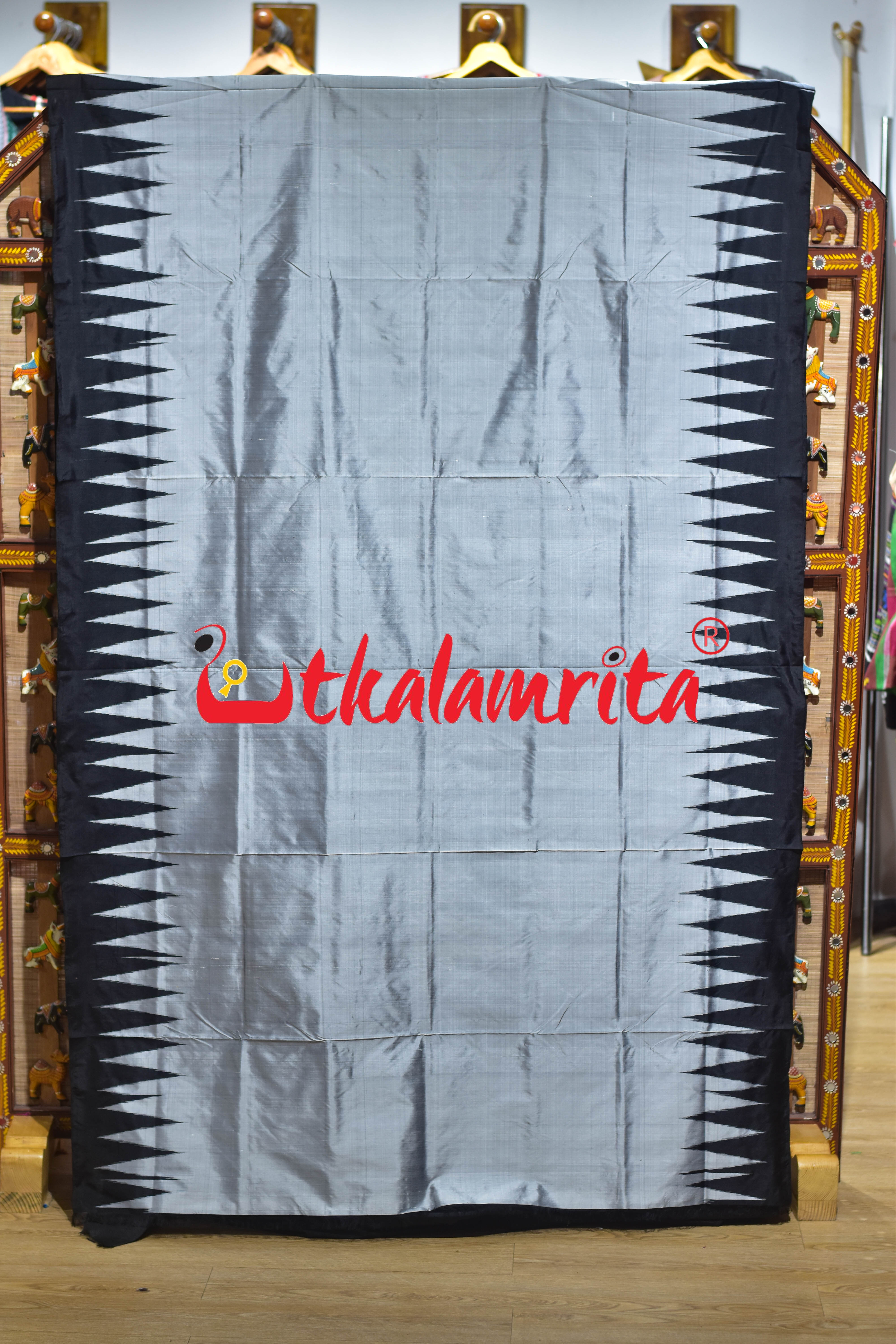 Grey Black Kumbha Bandha Anchal Sambalpuri Silk Saree