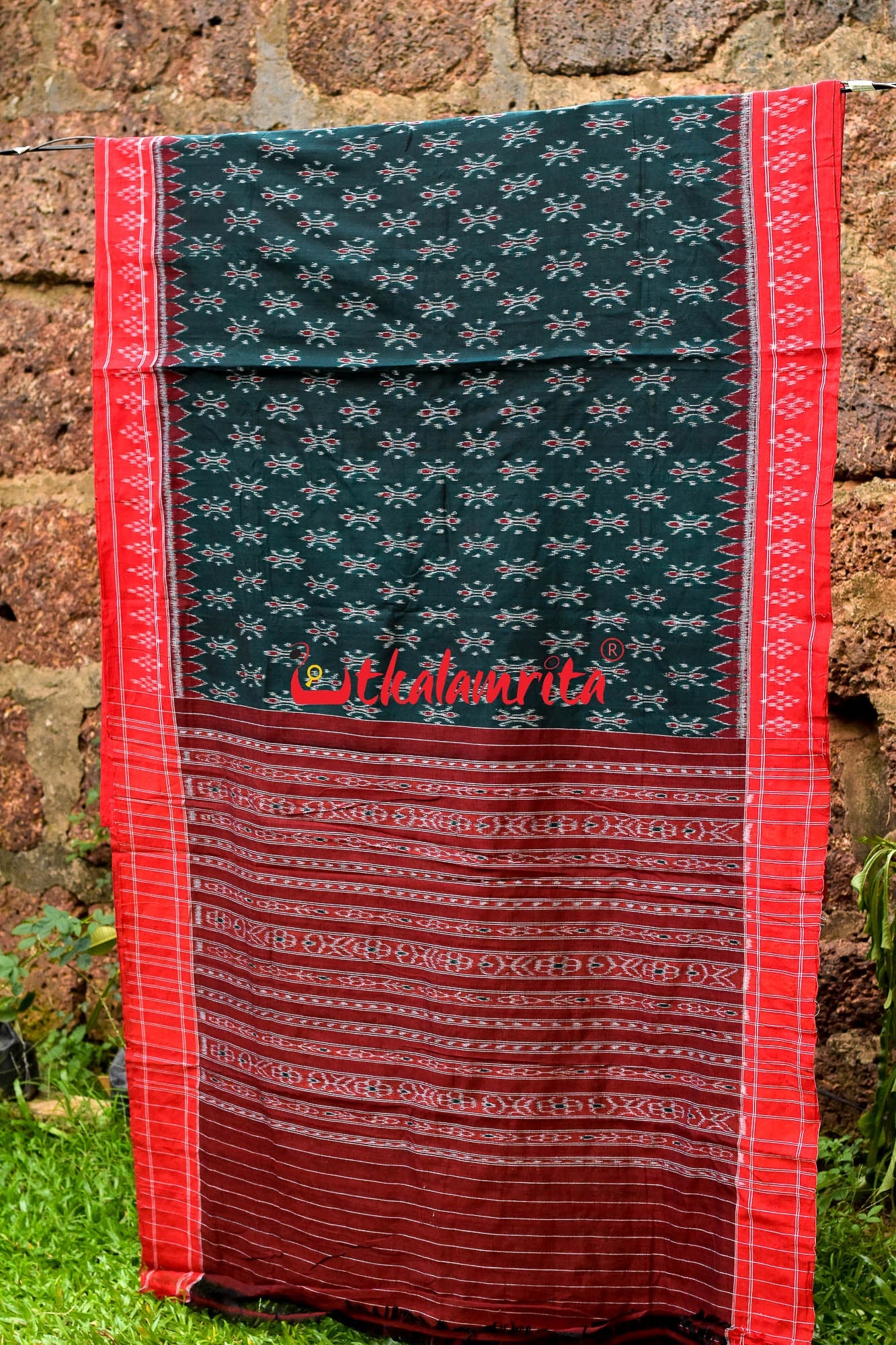 Bottle Green Damru Khandua Pasapali Border Cotton Saree