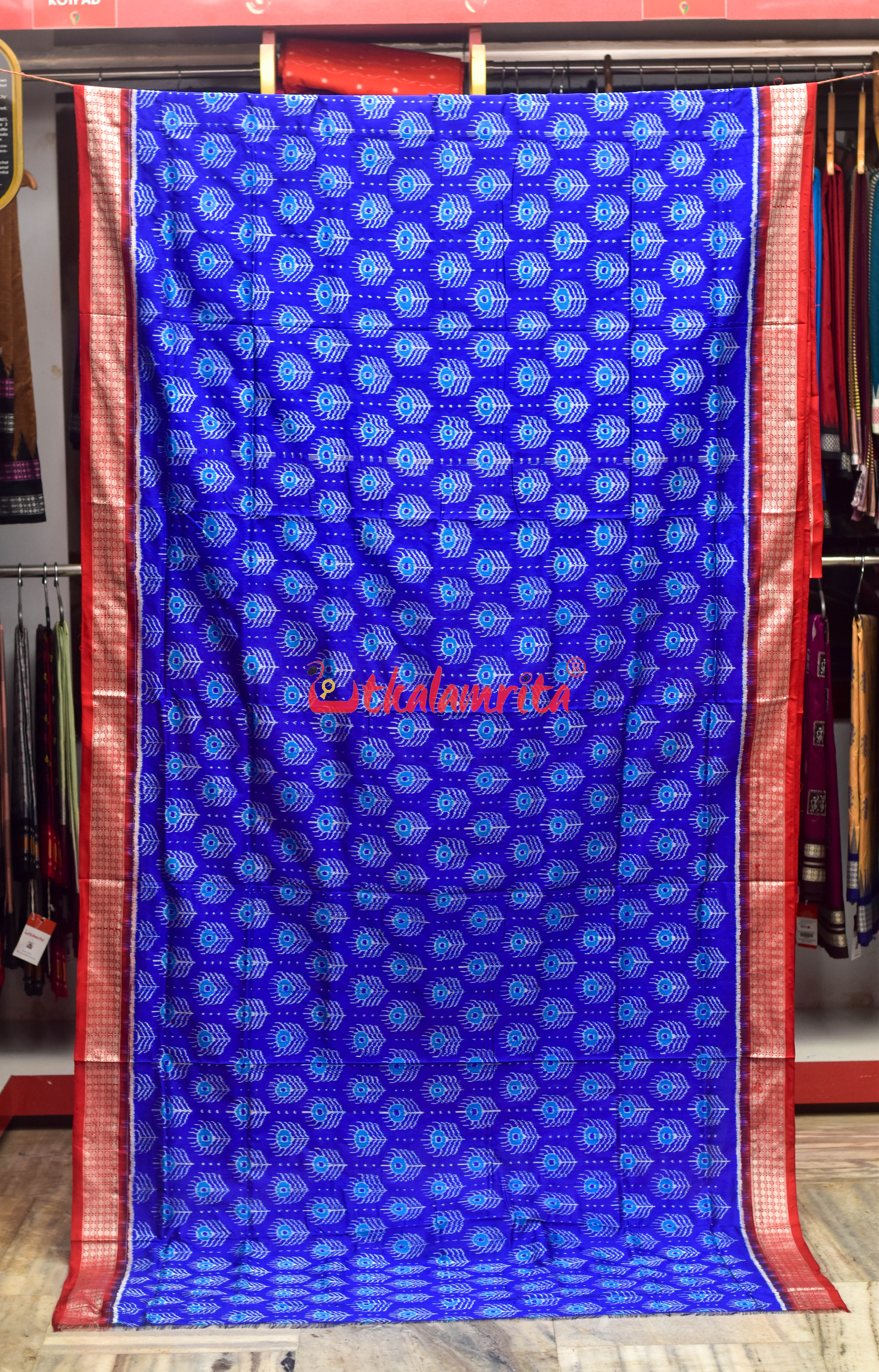 Blue Red Mayurapucha Sambalpuri Silk Saree