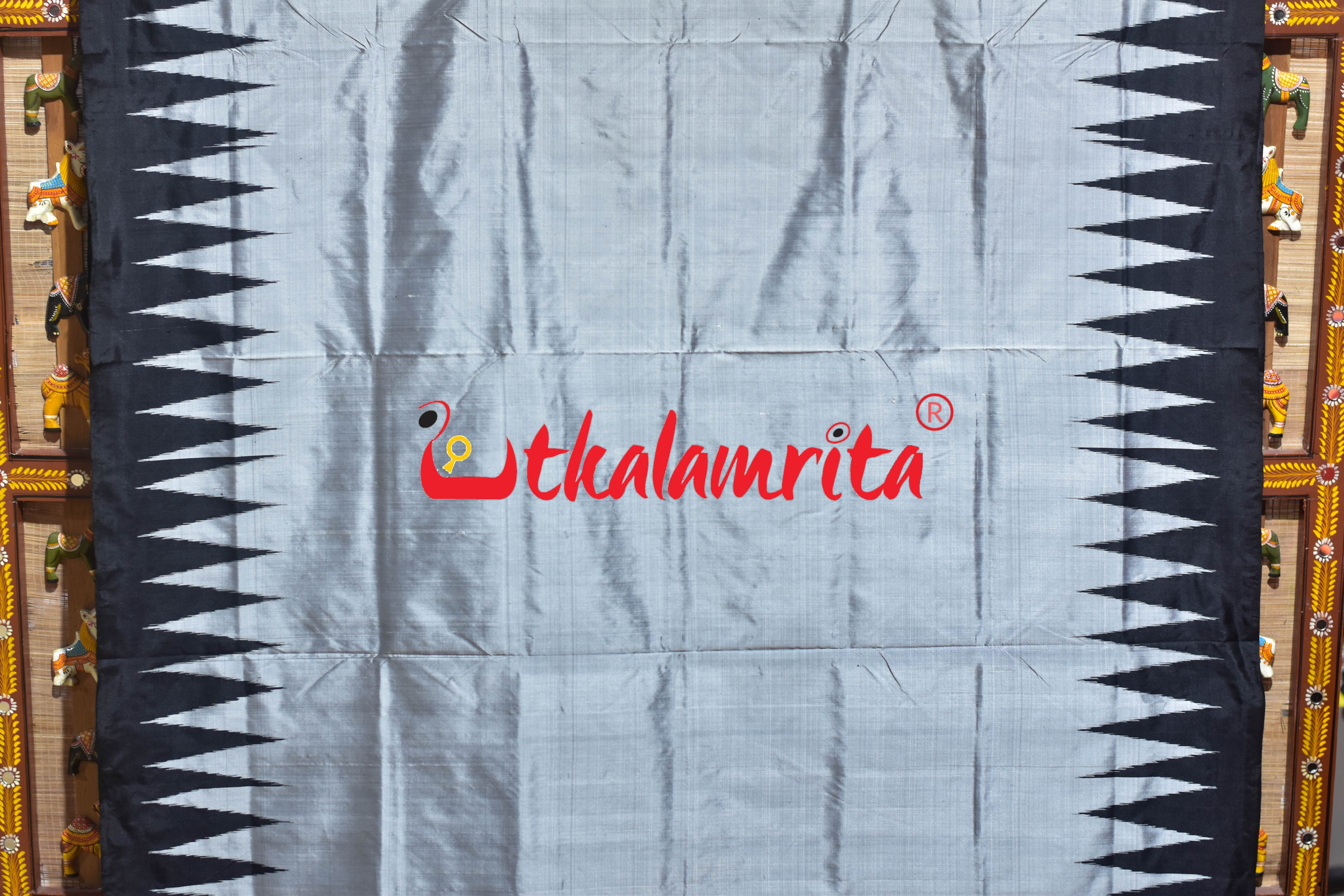 Grey Black Kumbha Bandha Anchal Sambalpuri Silk Saree