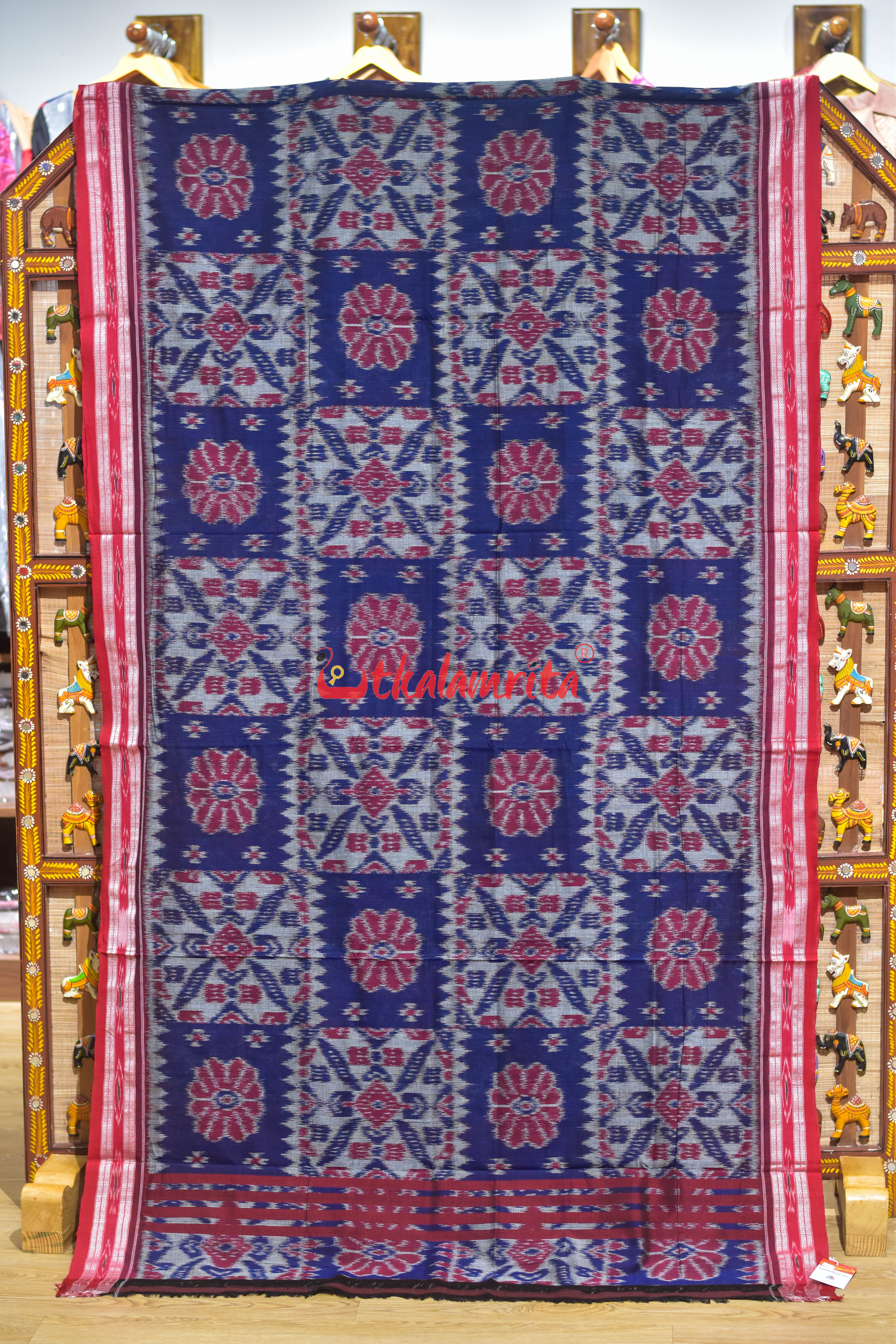 Computer Blue Grey Red Khandua Cotton Saree