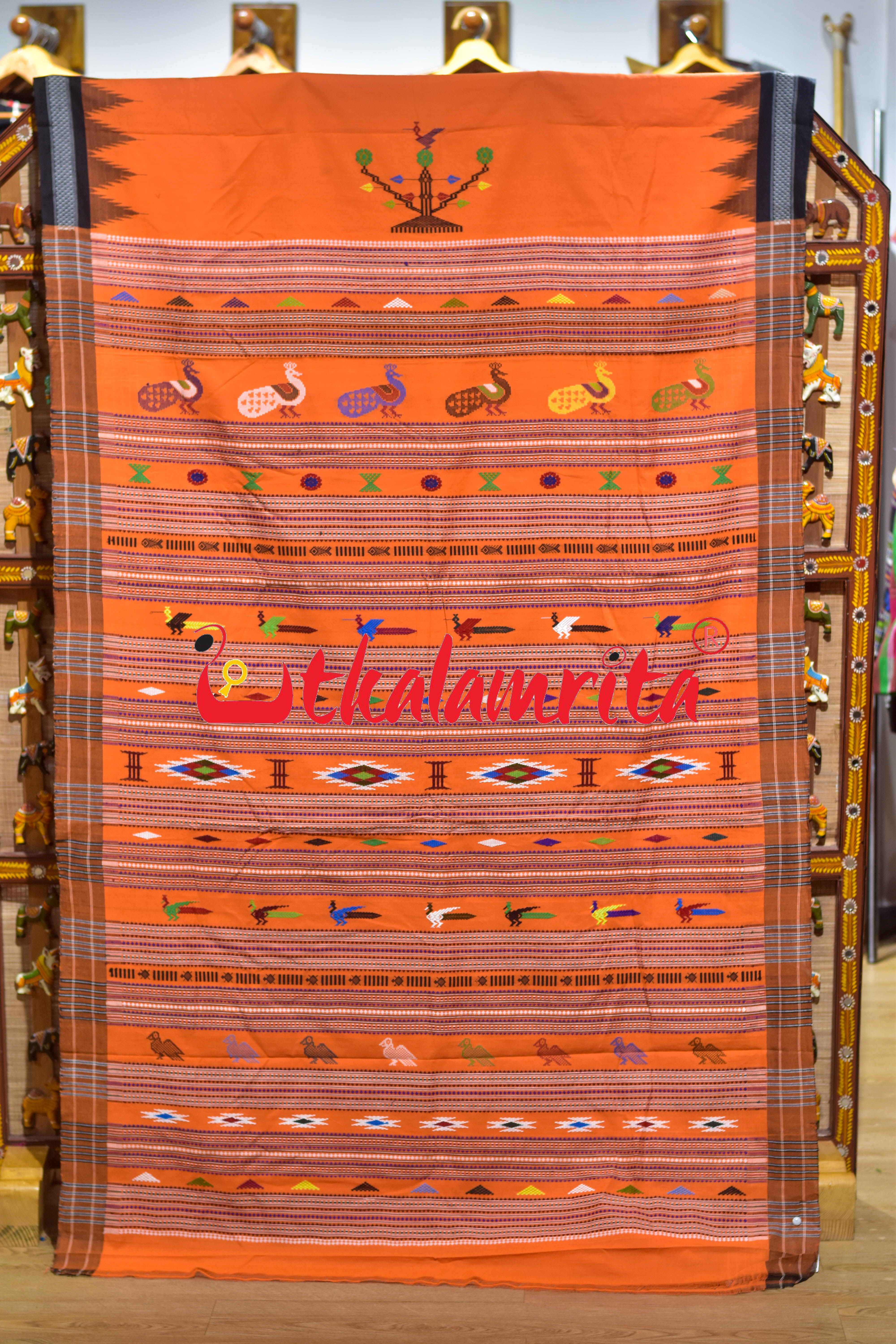 Orange Black Original Ganjam Bomkai Cotton Saree