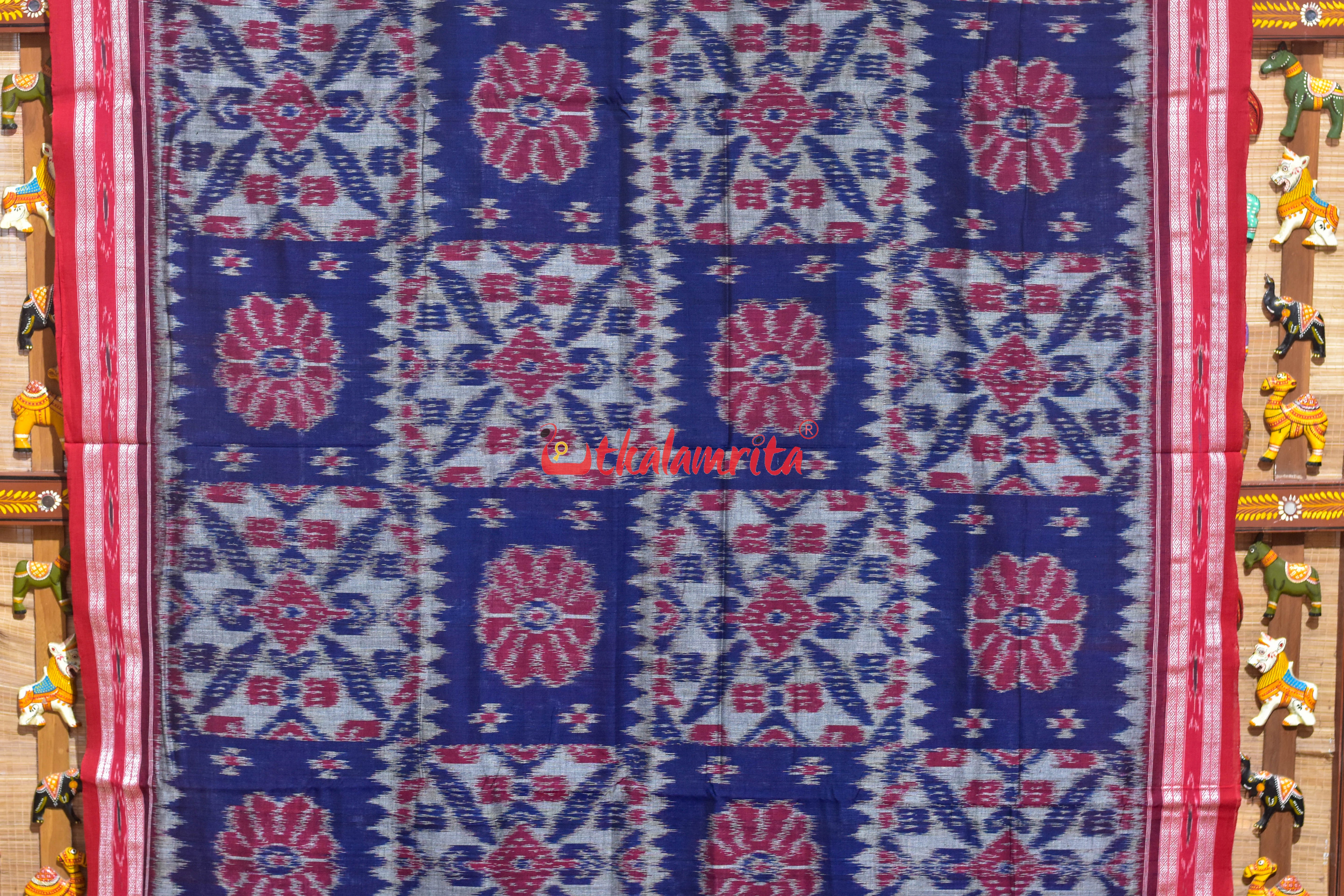 Computer Blue Grey Red Khandua Cotton Saree