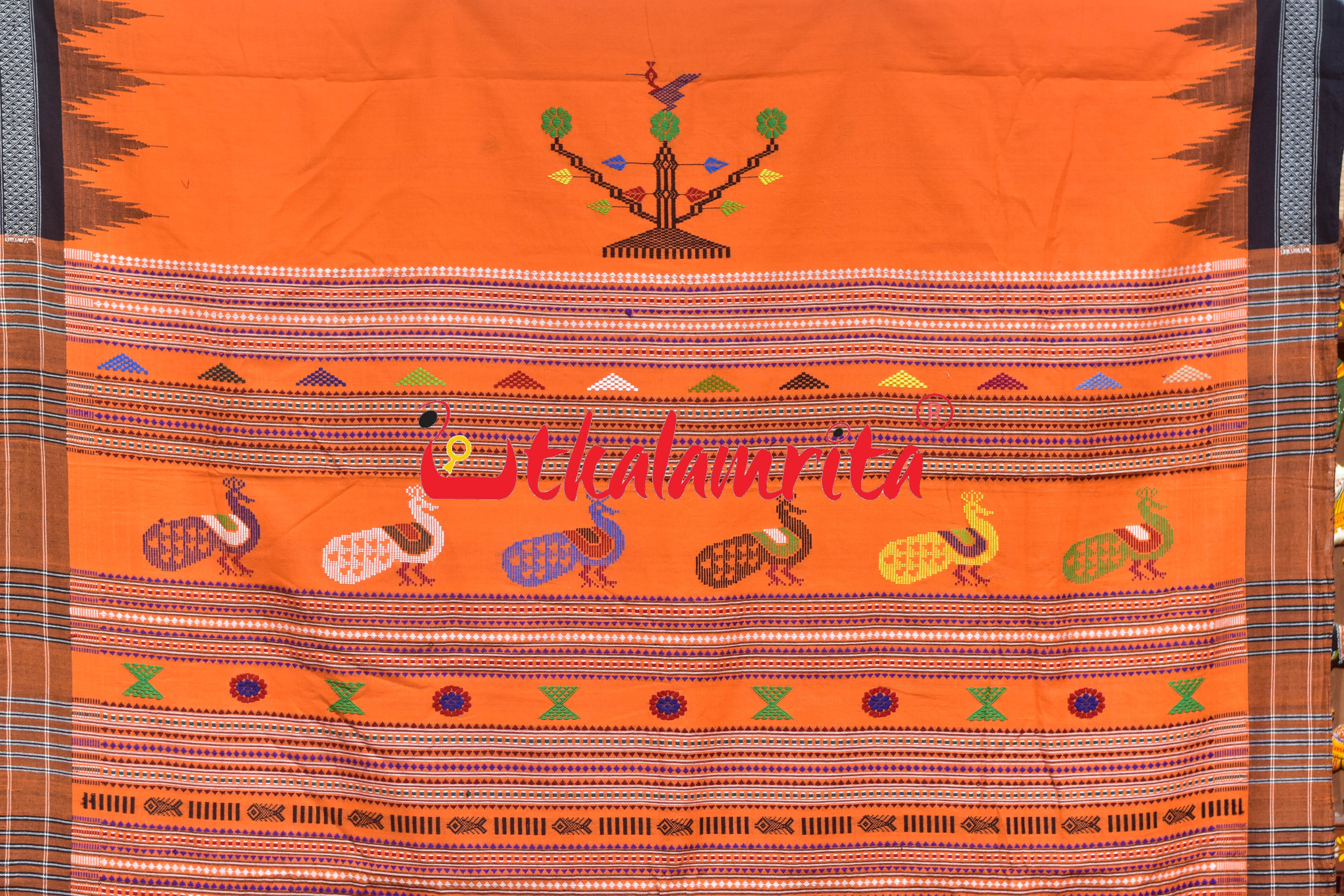 Orange Black Original Ganjam Bomkai Cotton Saree