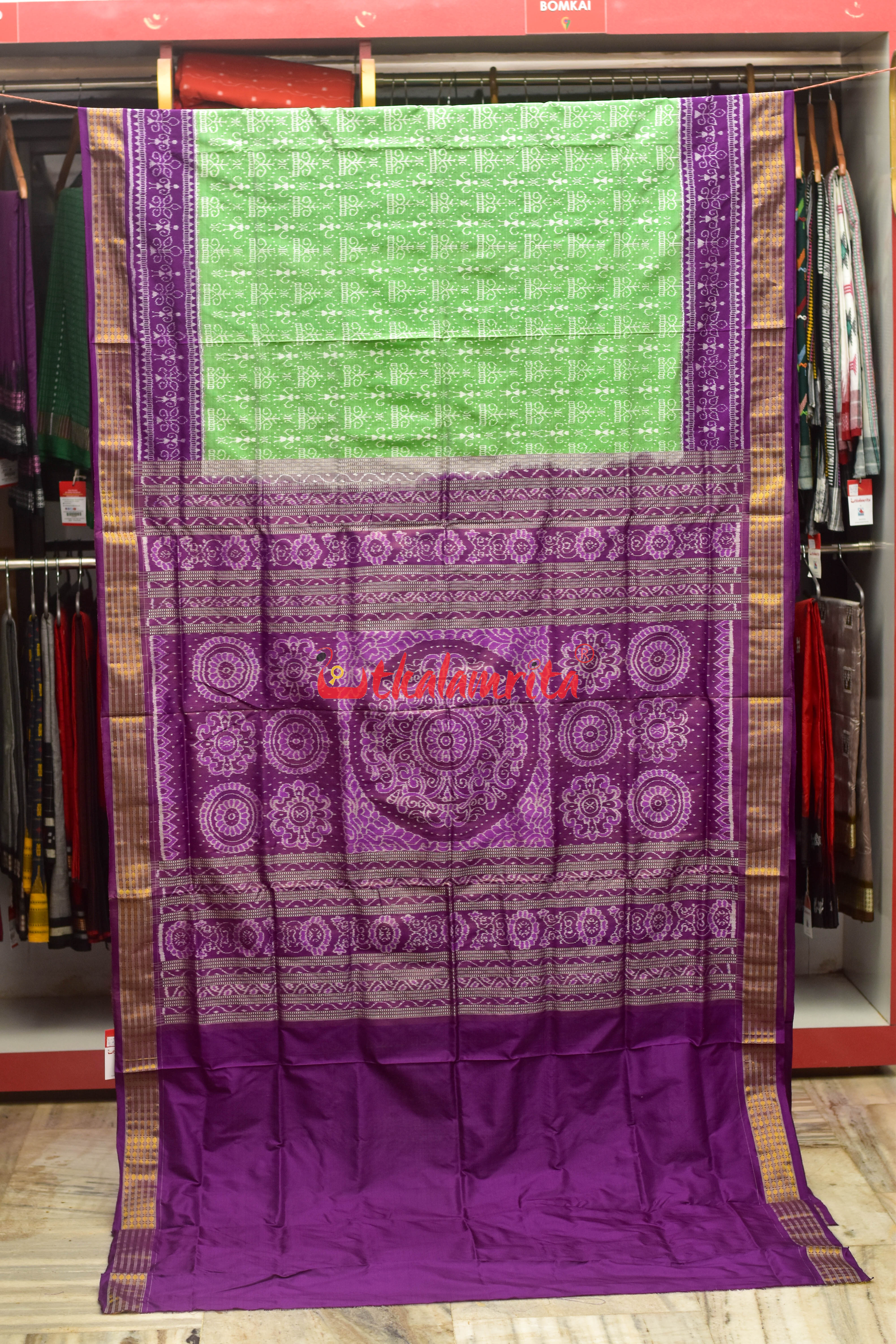 Light Green Purple Half Tissue Sambalpuri Silk Saree