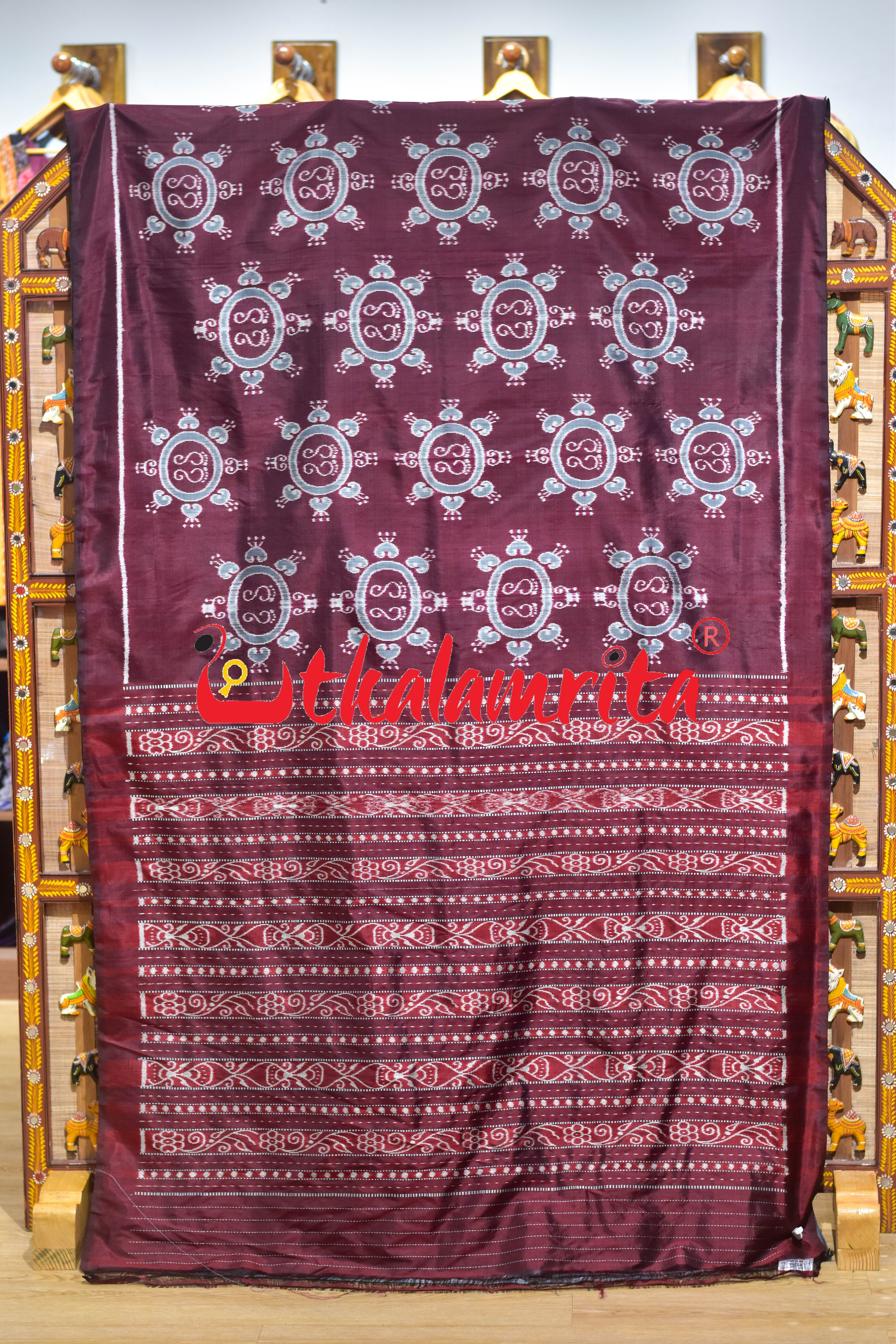 Maroon Grey Lakhmi Pada Khandua Silk Saree