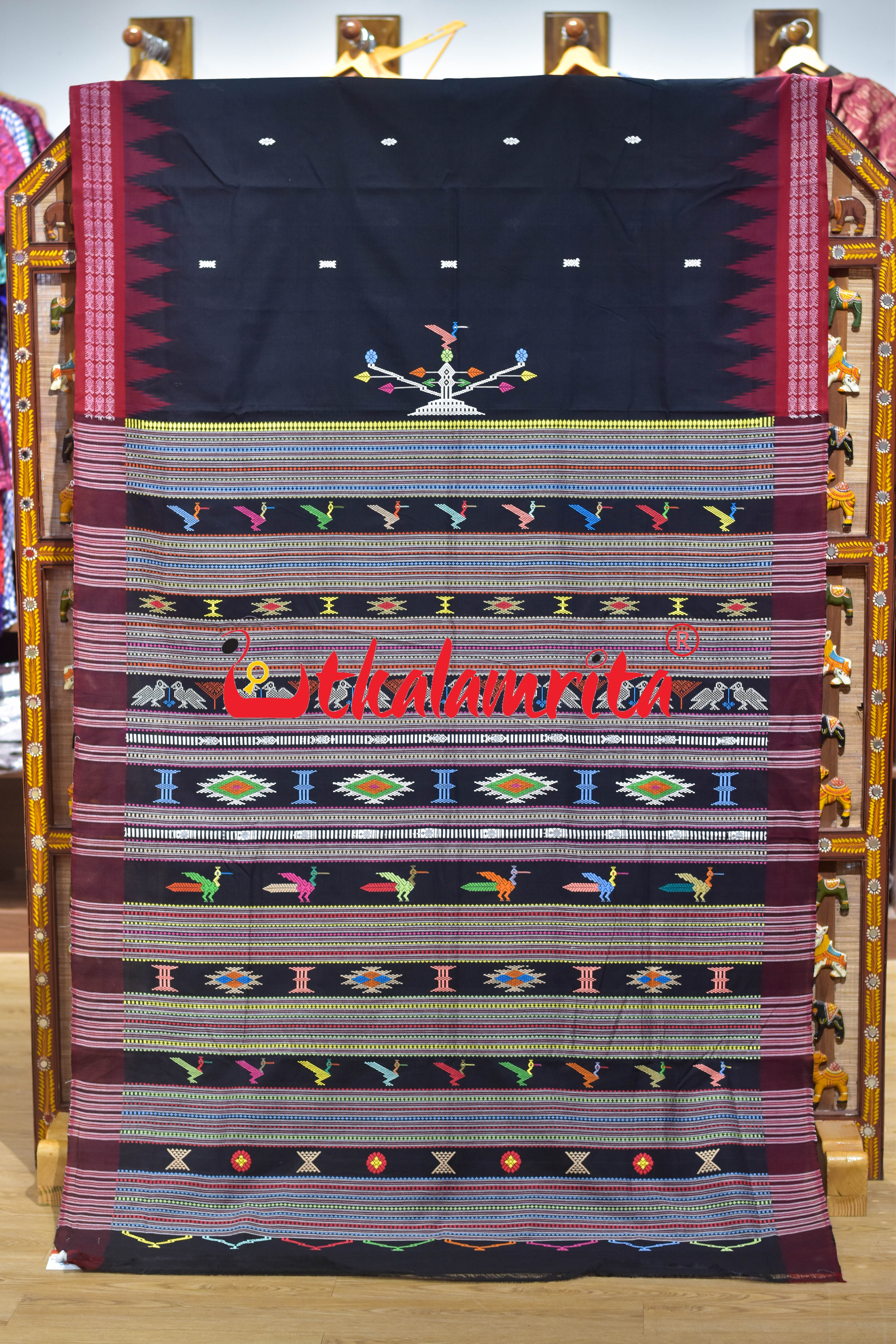 Black Red Border Ganjam Bomkai Cotton Saree