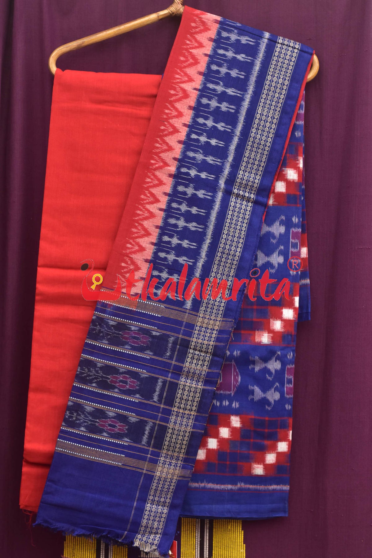 Pasapali Tribal Blue Red Sambalpuri Cotton Dress Set